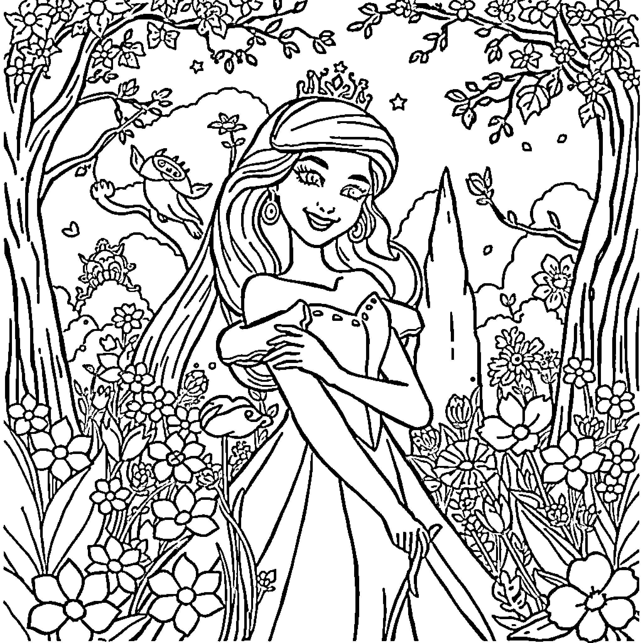 Princess in Enchanted Floral Garden Coloring Page (free black-and-white line drawing printable PDF for all, from beginners to advanced learners, including children, teens, adults, and seniors)