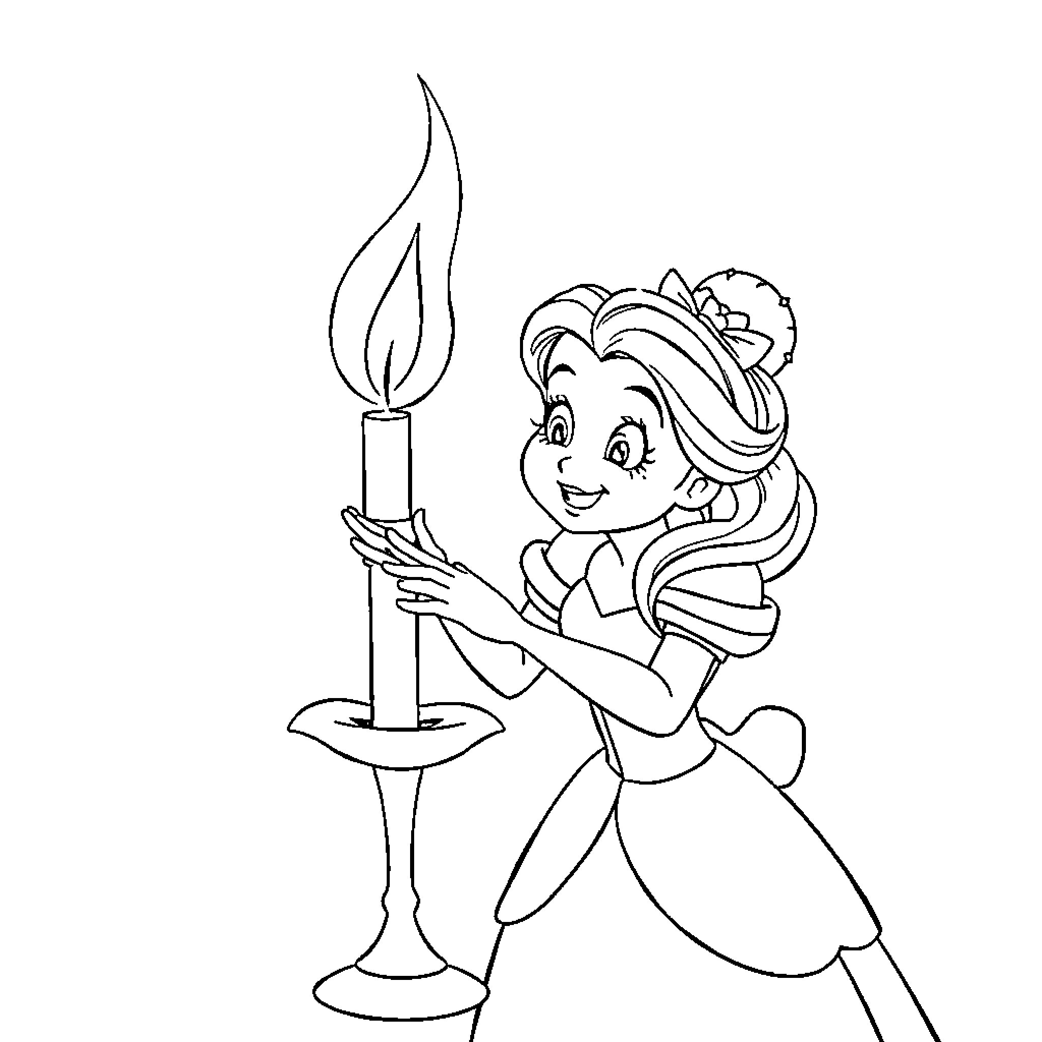 Belle Holding a Candle Cheerfully Coloring Page (free black-and-white line drawing printable PDF for all, from beginners to advanced learners, including children, teens, adults, and seniors)