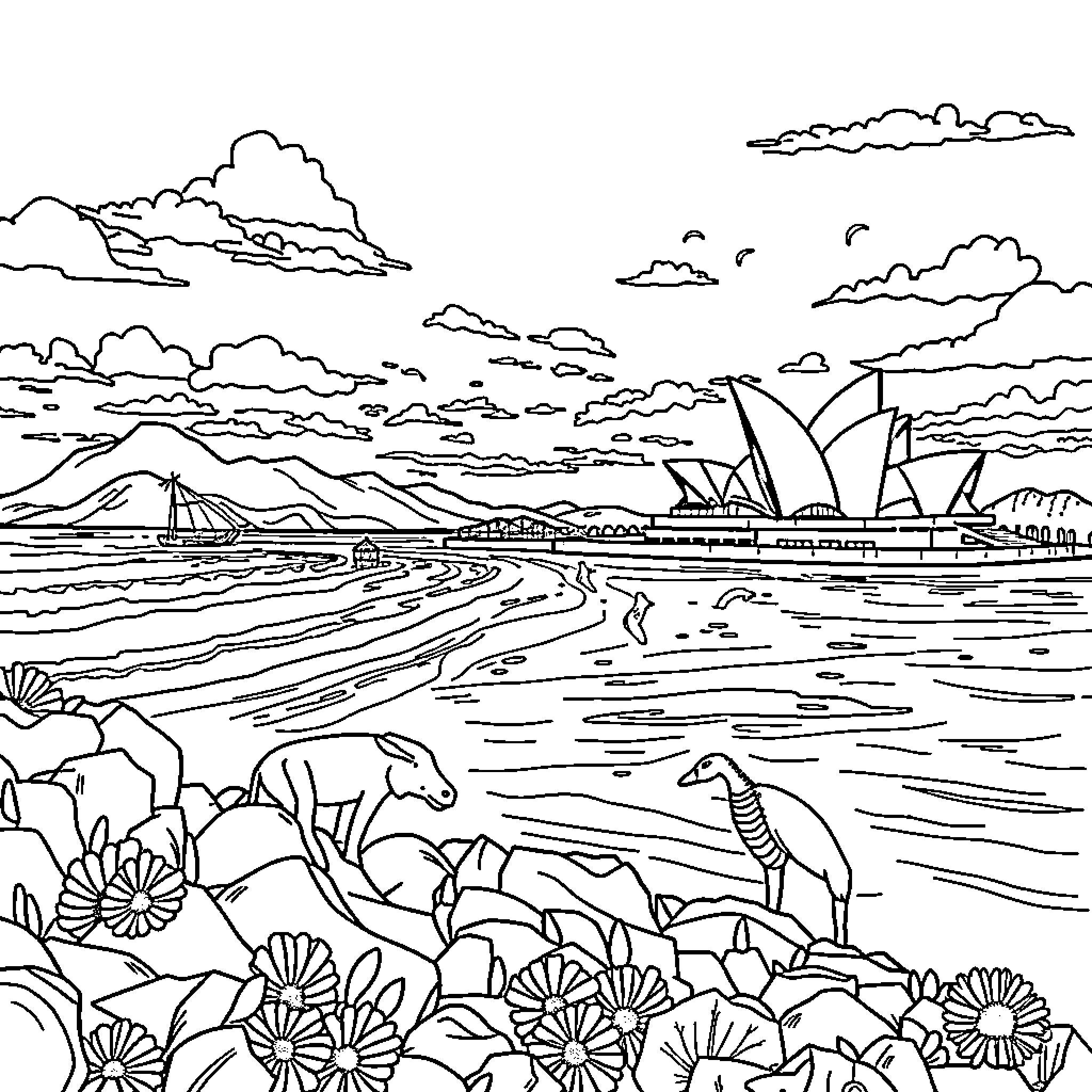 Australia's Iconic Coastal Scenery Captured in Striking Illustration Coloring Page (free black-and-white line drawing printable PDF for all, from beginners to advanced learners, including children, teens, adults, and seniors)
