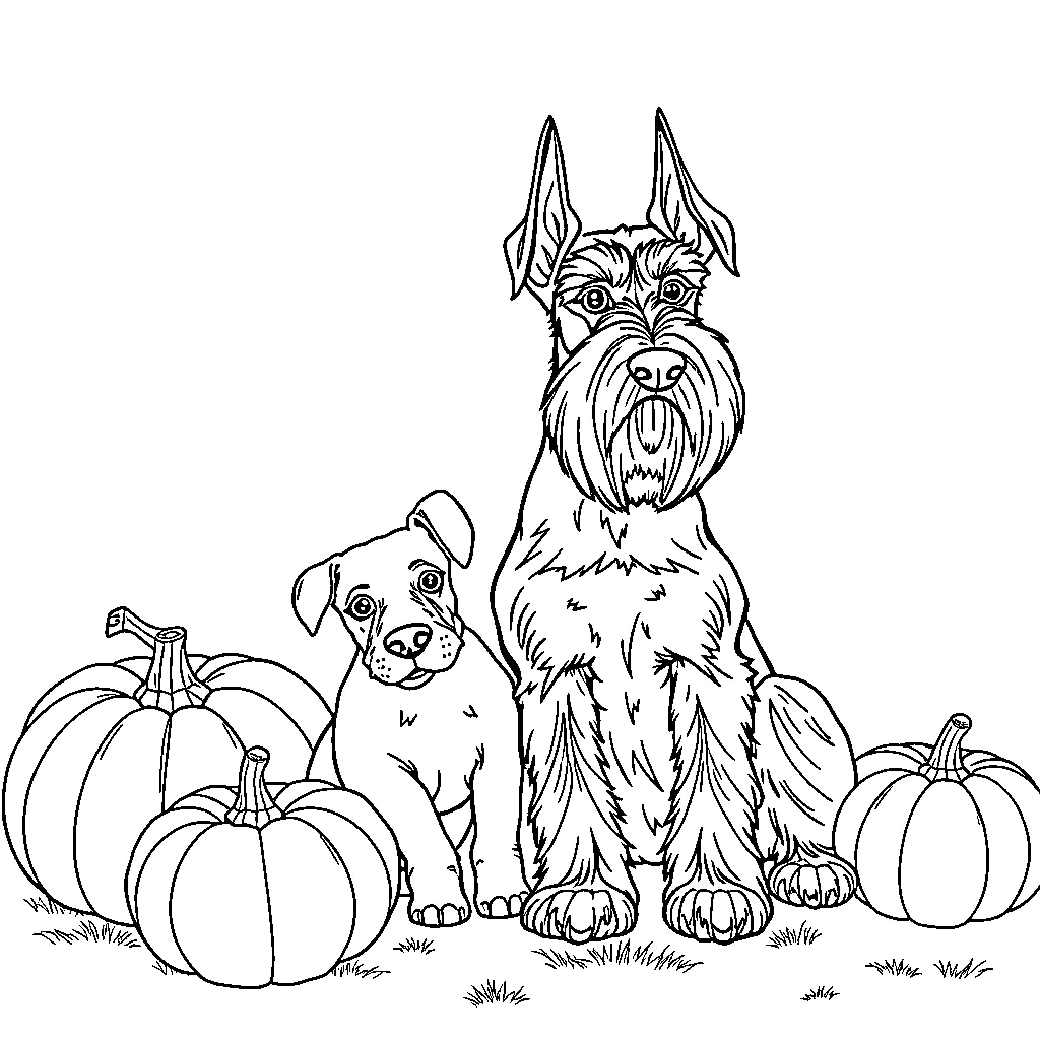 Dog guarding pumpkins in the garden Coloring Page (free black-and-white line drawing printable PDF for all, from beginners to advanced learners, including children, teens, adults, and seniors)