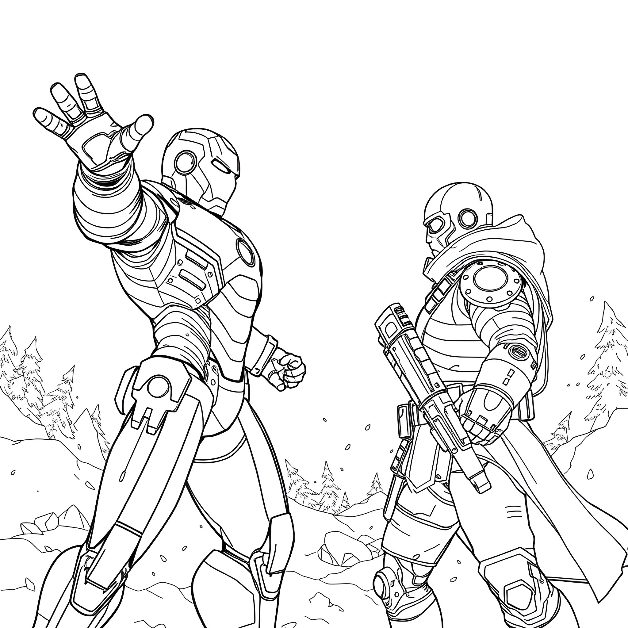 Iron Man battling in a snowy landscape Coloring Page (free black-and-white line drawing printable PDF for all, from beginners to advanced learners, including children, teens, adults, and seniors)