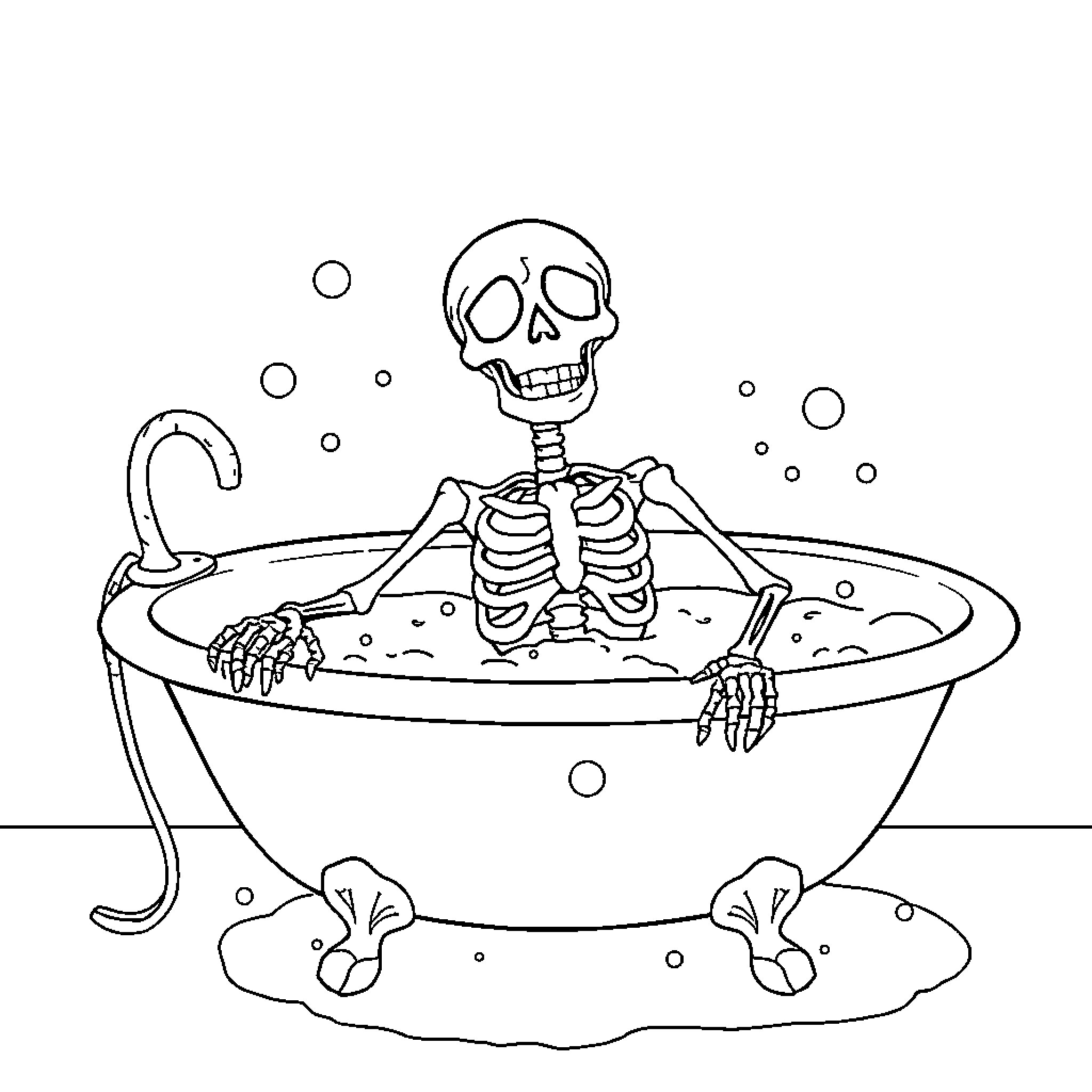 Skeleton relaxing in bubbly bathtub Coloring Page (free black-and-white line drawing printable PDF for all, from beginners to advanced learners, including children, teens, adults, and seniors)