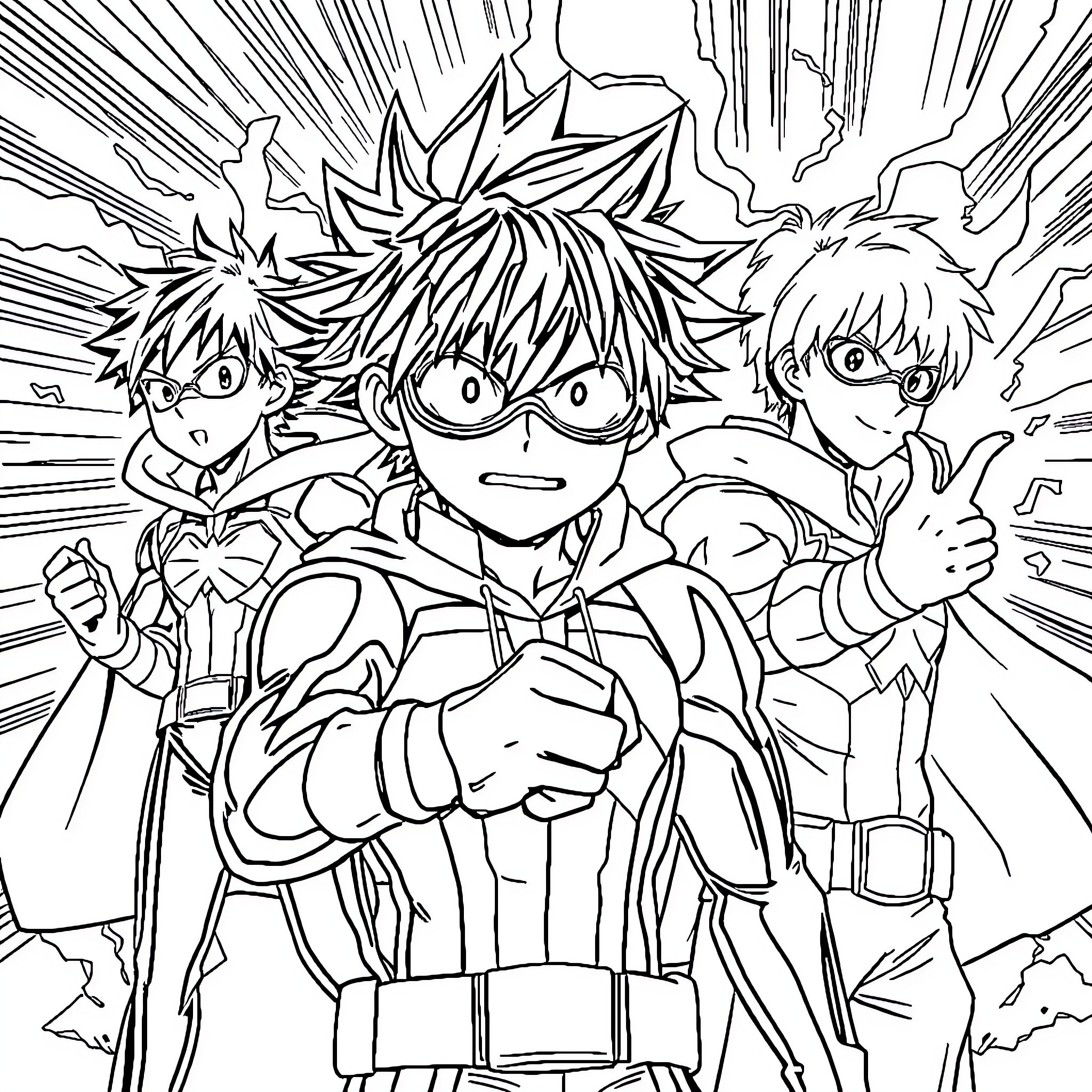 Hero Academia: Heroic Trio in Action Coloring Page (free black-and-white line drawing printable PDF for all, from beginners to advanced learners, including children, teens, adults, and seniors)