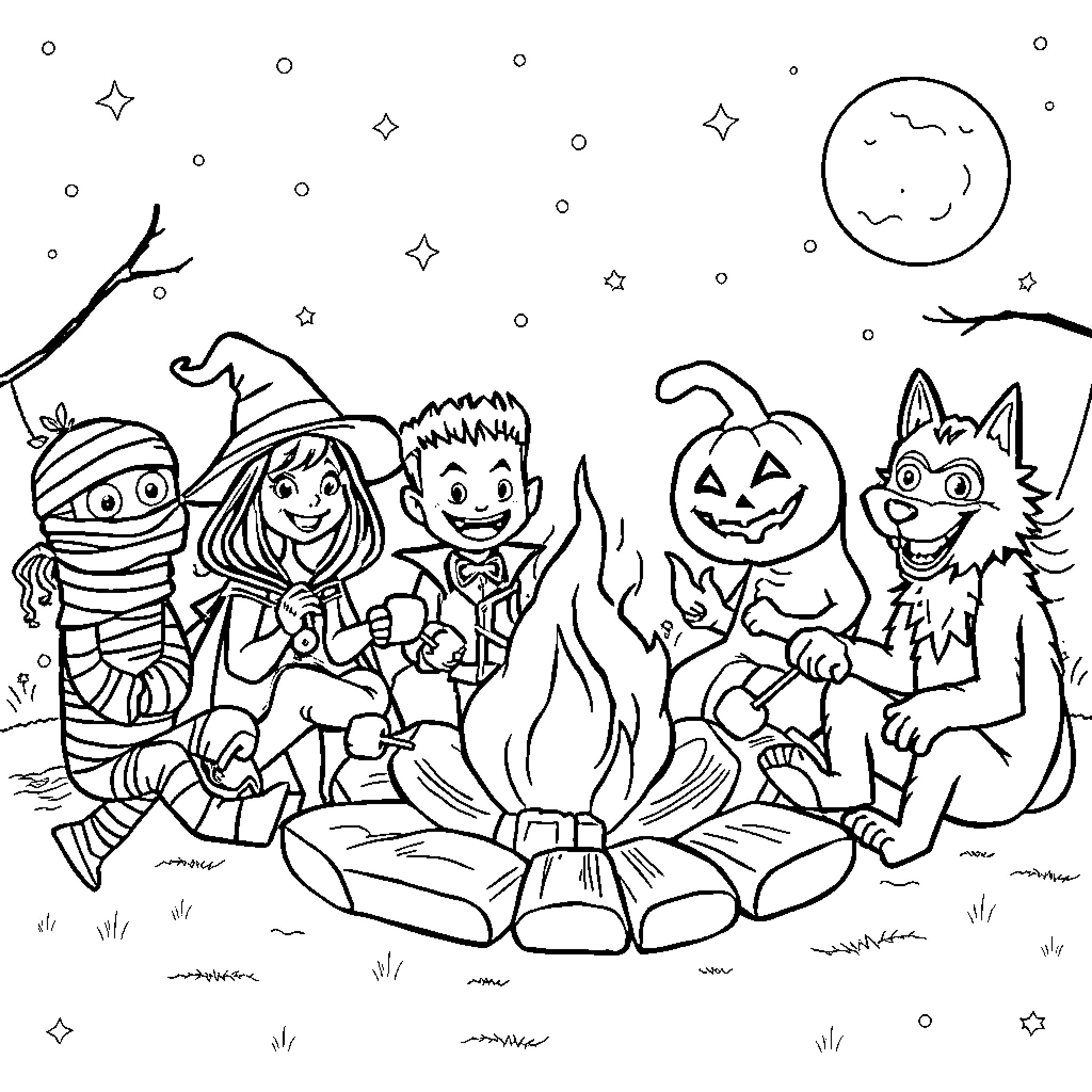Halloween Characters Enjoying a Campfire at Night Coloring Page (free black-and-white line drawing printable PDF for all, from beginners to advanced learners, including children, teens, adults, and seniors)