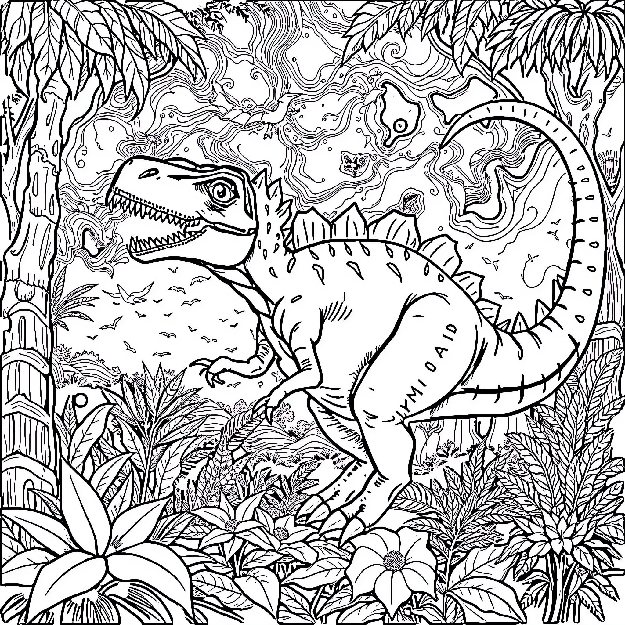 Dinosaur exploring the lush jungle landscape Coloring Page (free black-and-white line drawing printable PDF for all, from beginners to advanced learners, including children, teens, adults, and seniors)