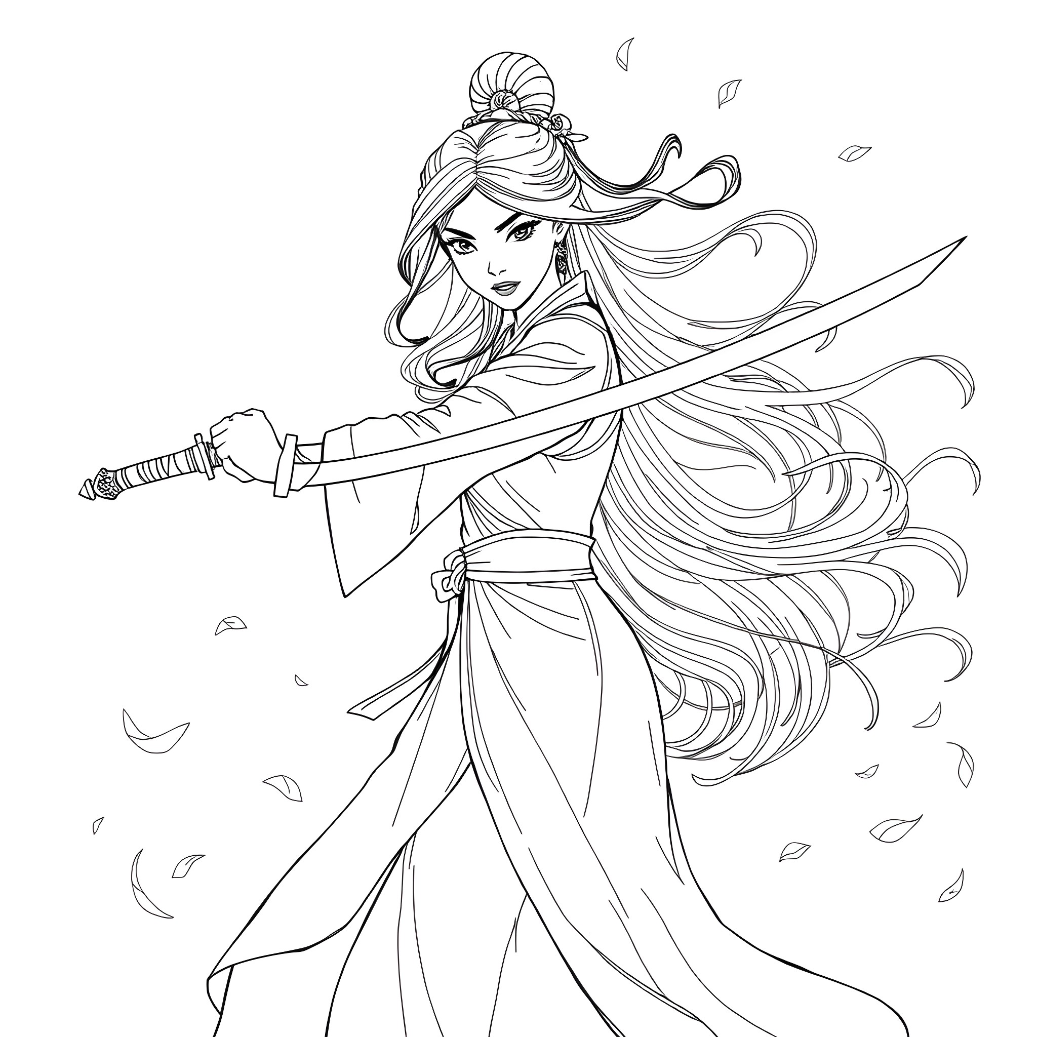 Mulan, the Fierce Warrior Princess in Action Coloring Page (free black-and-white line drawing printable PDF for all, from beginners to advanced learners, including children, teens, adults, and seniors)