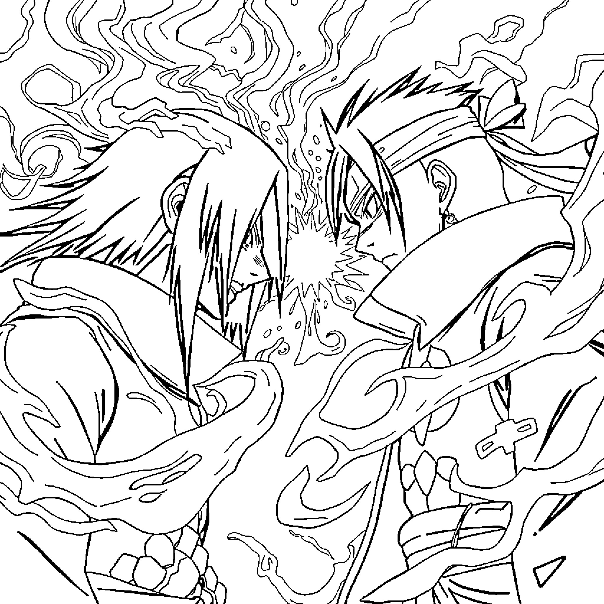 Madara's Fierce Ninja Battle Coloring Page (free black-and-white line drawing printable PDF for all, from beginners to advanced learners, including children, teens, adults, and seniors)