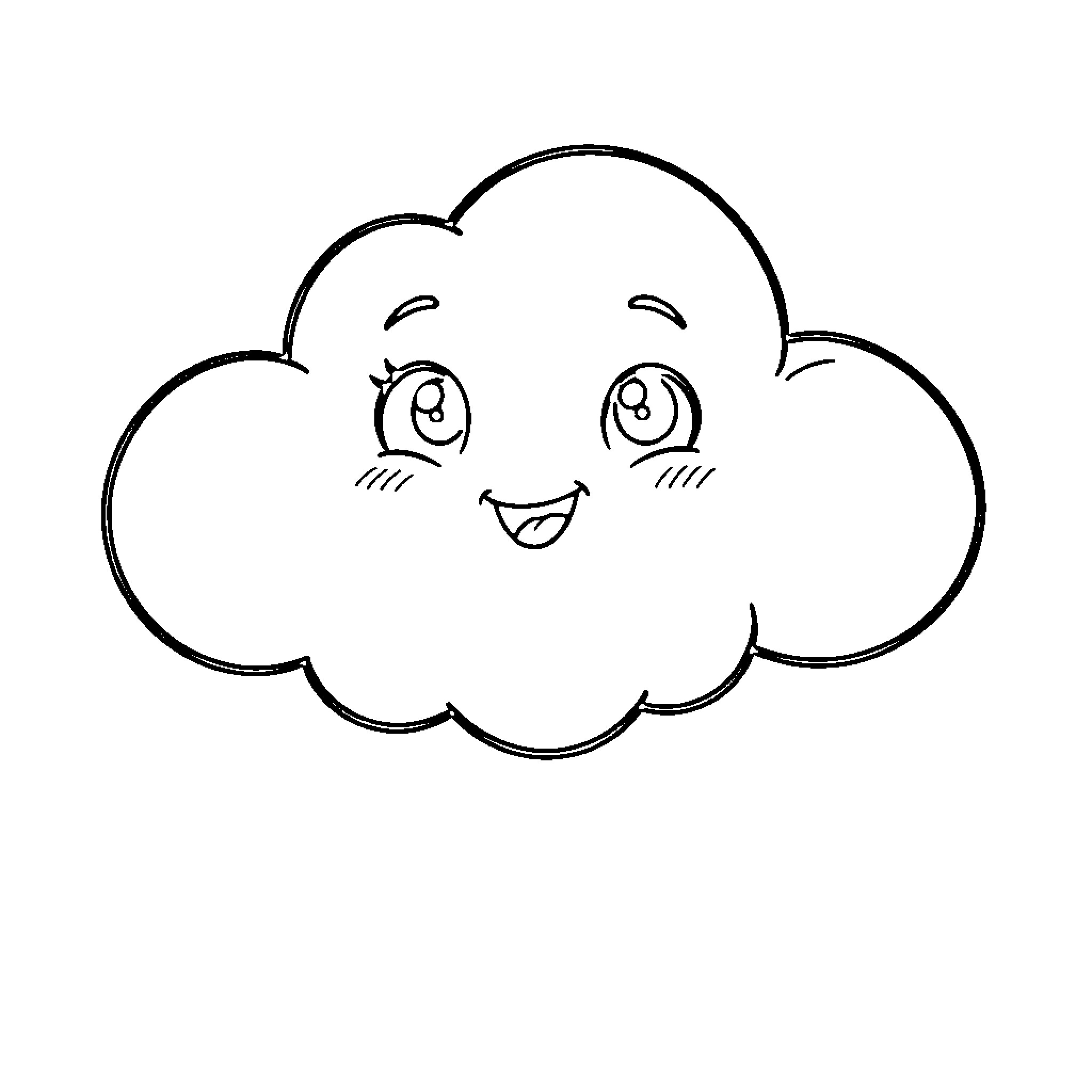 Cloud with a happy and smiling facial expression Coloring Page (free black-and-white line drawing printable PDF for all, from beginners to advanced learners, including children, teens, adults, and seniors)