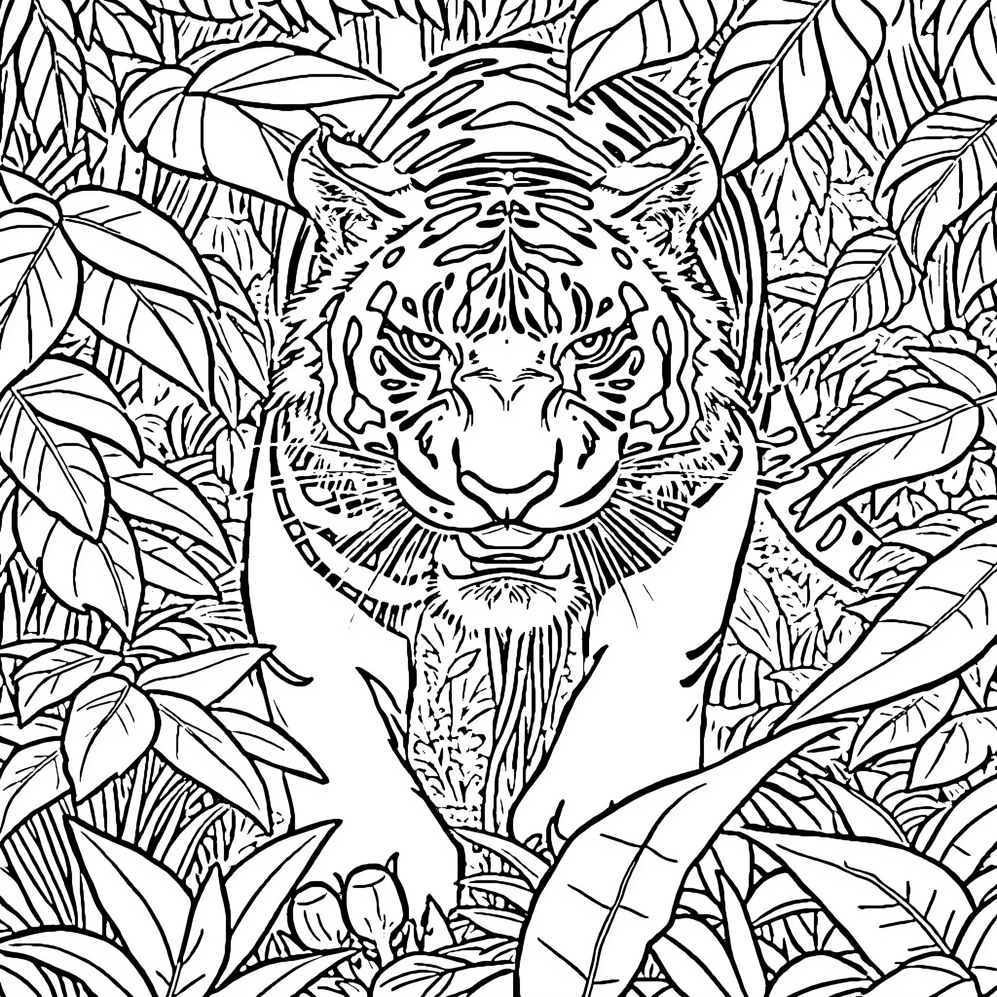 Tiger in the Jungle Coloring Page (free black-and-white line drawing printable PDF for all, from beginners to advanced learners, including children, teens, adults, and seniors)