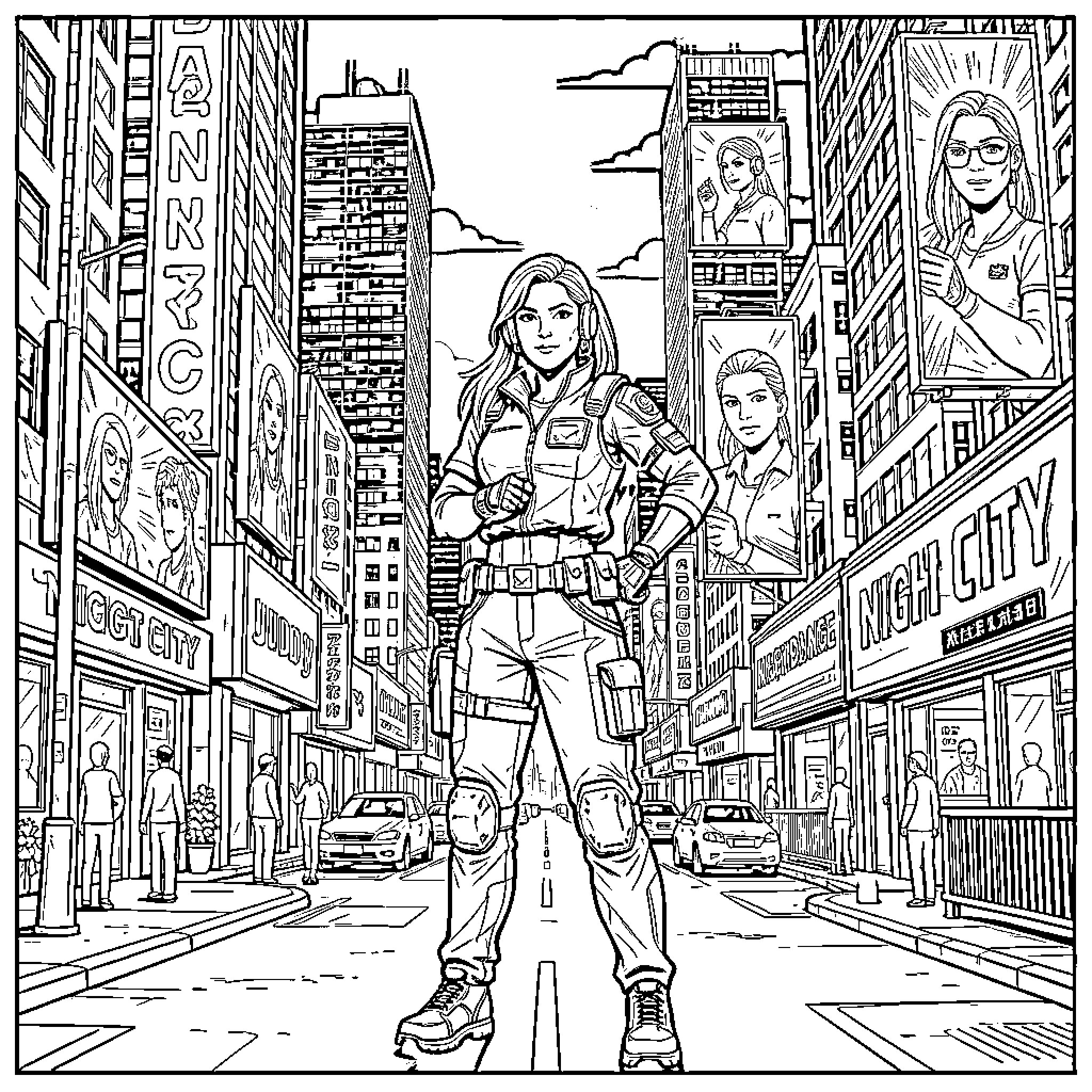 Judy Alvarez in Cyberpunk City Coloring Page (free black-and-white line drawing printable PDF for all, from beginners to advanced learners, including children, teens, adults, and seniors)