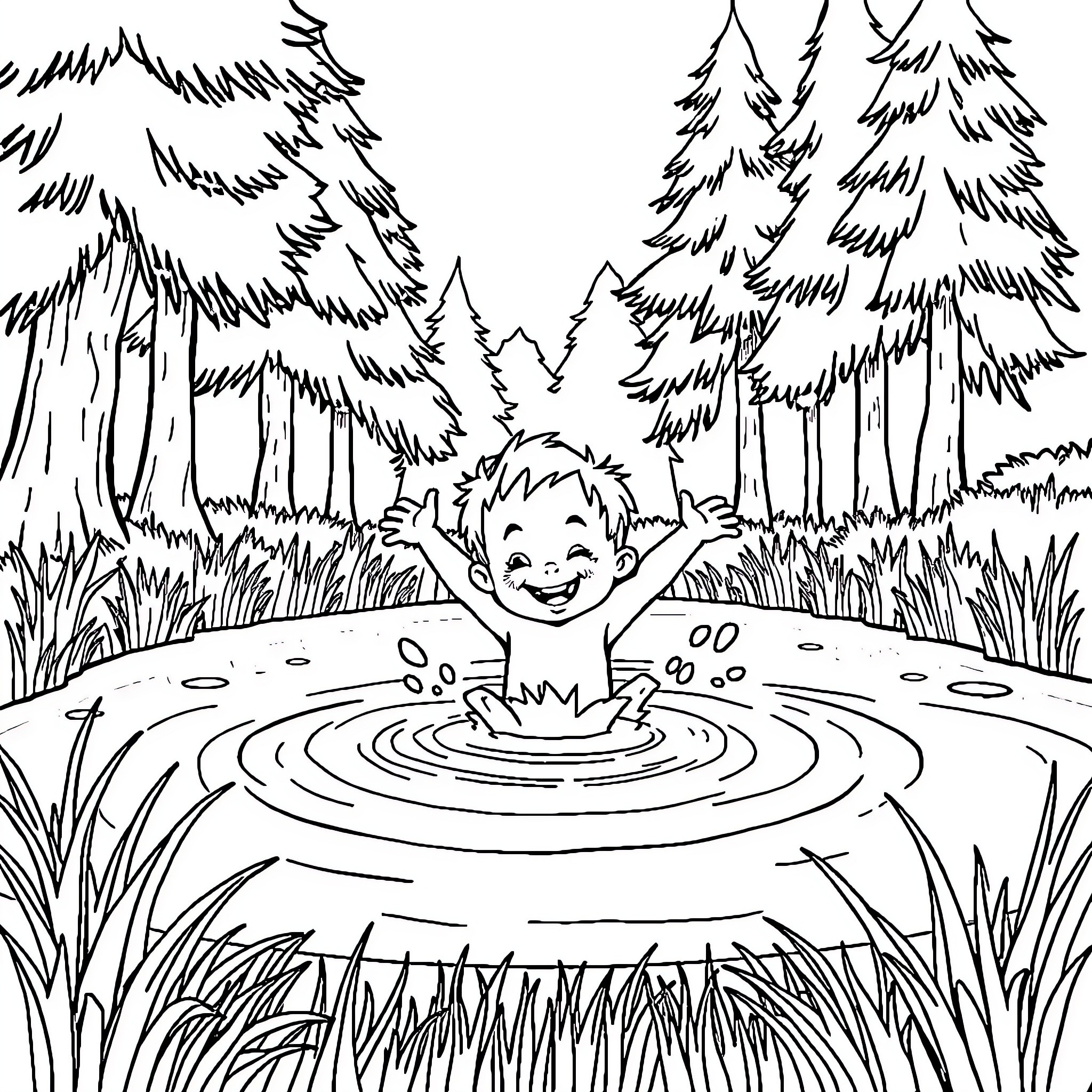 Child playing joyfully in a forest pool Coloring Page (free black-and-white line drawing printable PDF for all, from beginners to advanced learners, including children, teens, adults, and seniors)