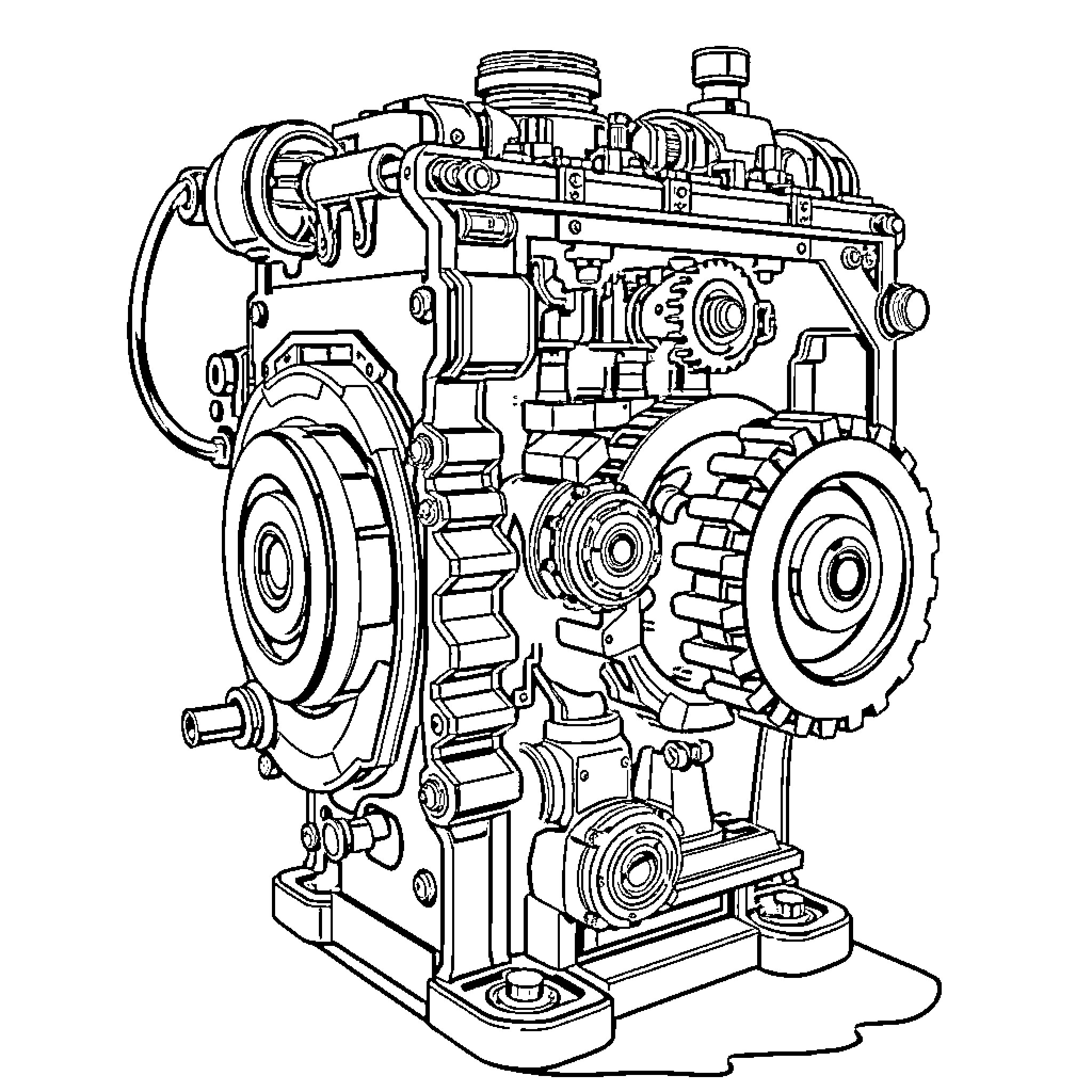 Gearbox of a powerful industrial engine Coloring Page (free black-and-white line drawing printable PDF for all, from beginners to advanced learners, including children, teens, adults, and seniors)