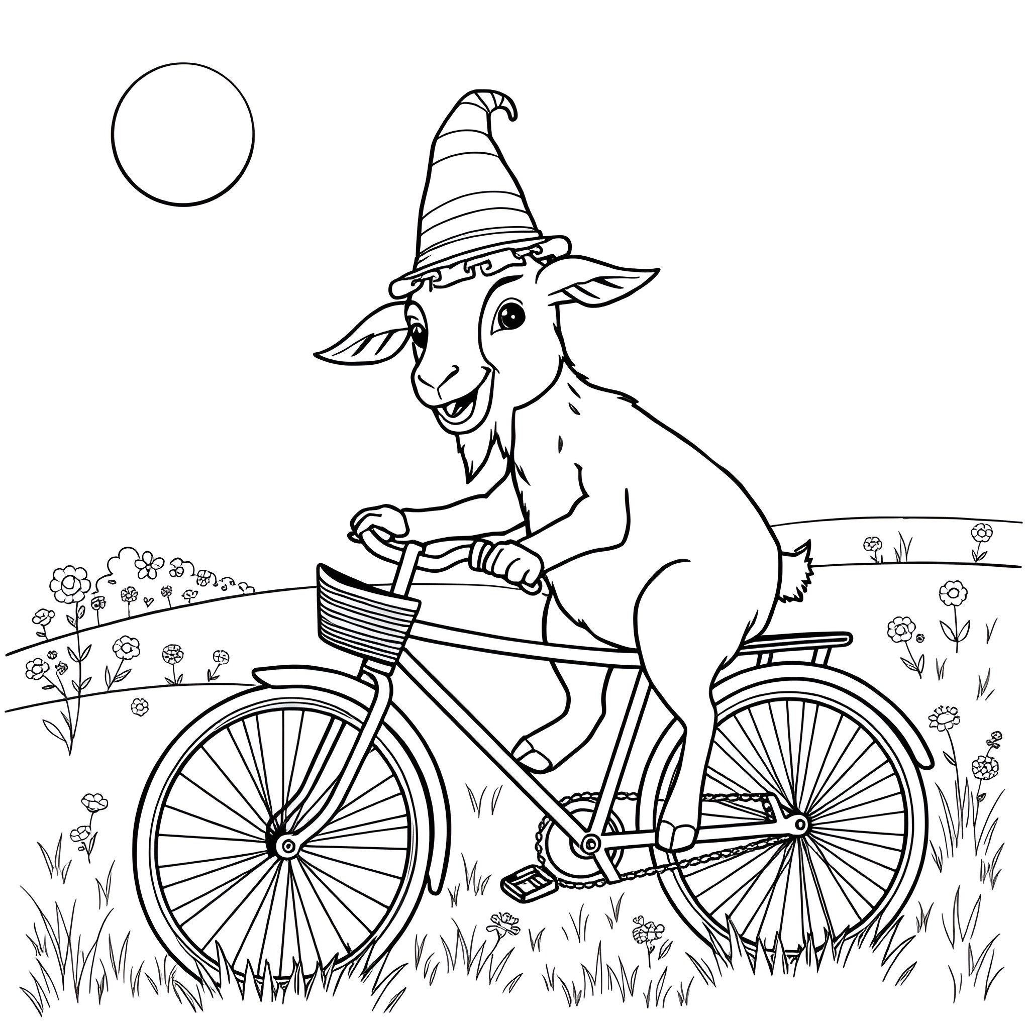 Goat riding a bicycle in a whimsical garden Coloring Page (free black-and-white line drawing printable PDF for all, from beginners to advanced learners, including children, teens, adults, and seniors)
