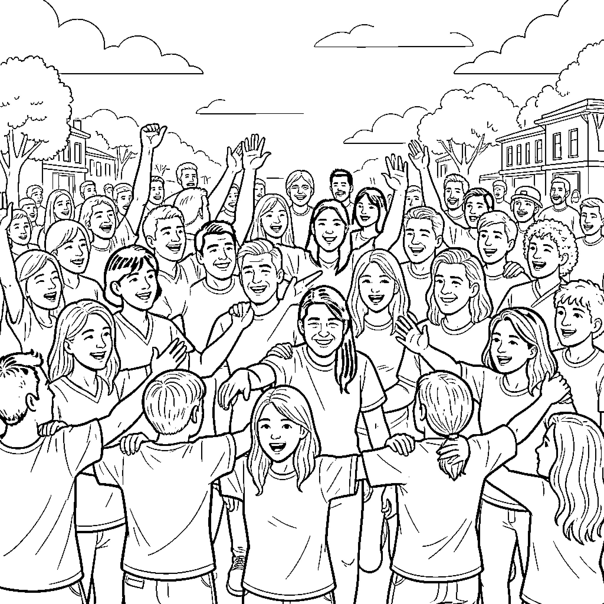 Unity Among a Diverse Crowd Coloring Page (free black-and-white line drawing printable PDF for all, from beginners to advanced learners, including children, teens, adults, and seniors)