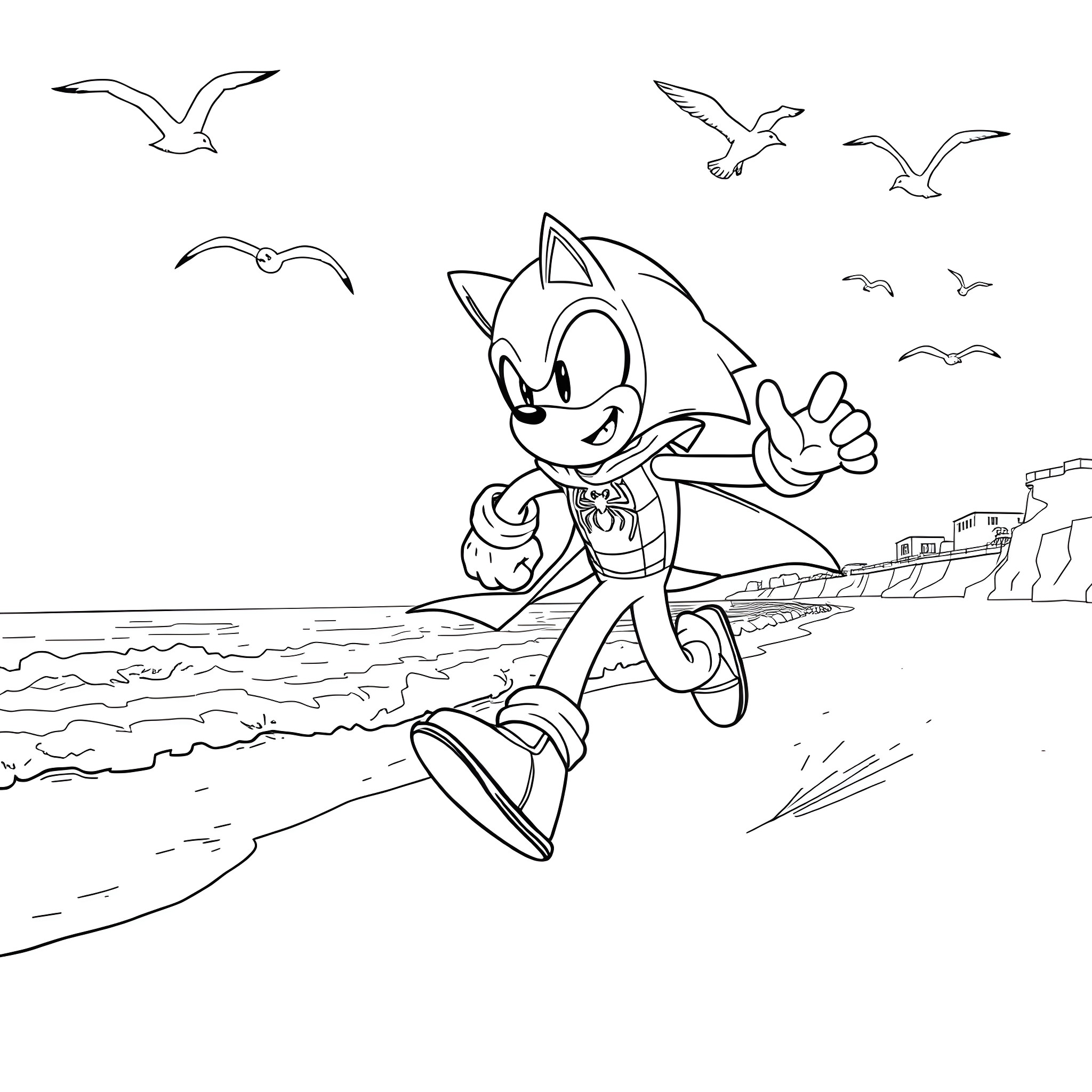 Sonic running happily on the beach Coloring Page (free black-and-white line drawing printable PDF for all, from beginners to advanced learners, including children, teens, adults, and seniors)