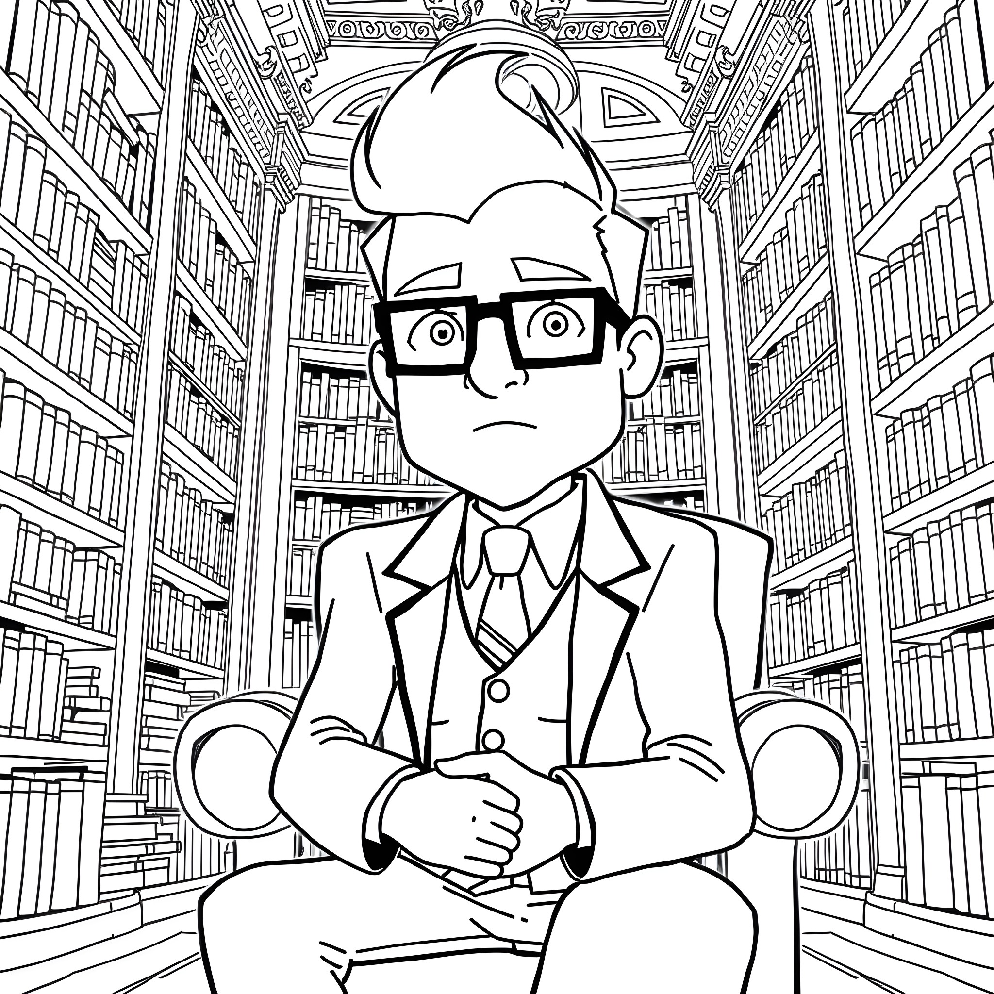 Bill Cipher as a nerdy scholar in a library Coloring Page (free black-and-white line drawing printable PDF for all, from beginners to advanced learners, including children, teens, adults, and seniors)