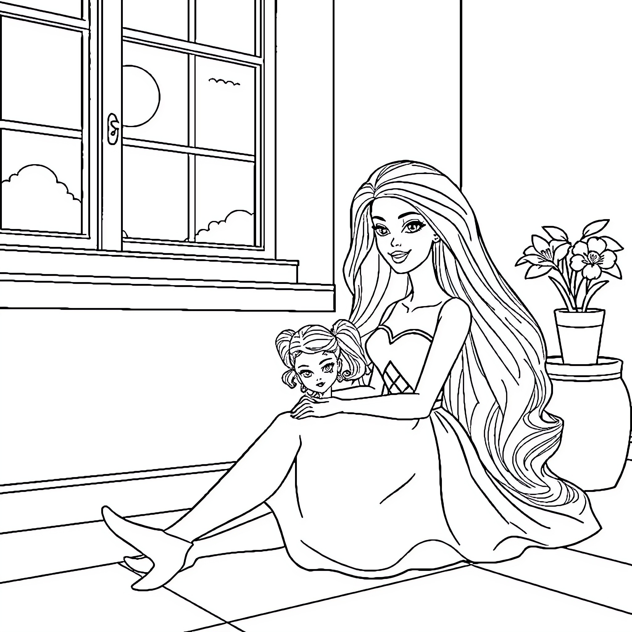 Barbie and her doll relaxing by the window Coloring Page (free black-and-white line drawing printable PDF for all, from beginners to advanced learners, including children, teens, adults, and seniors)