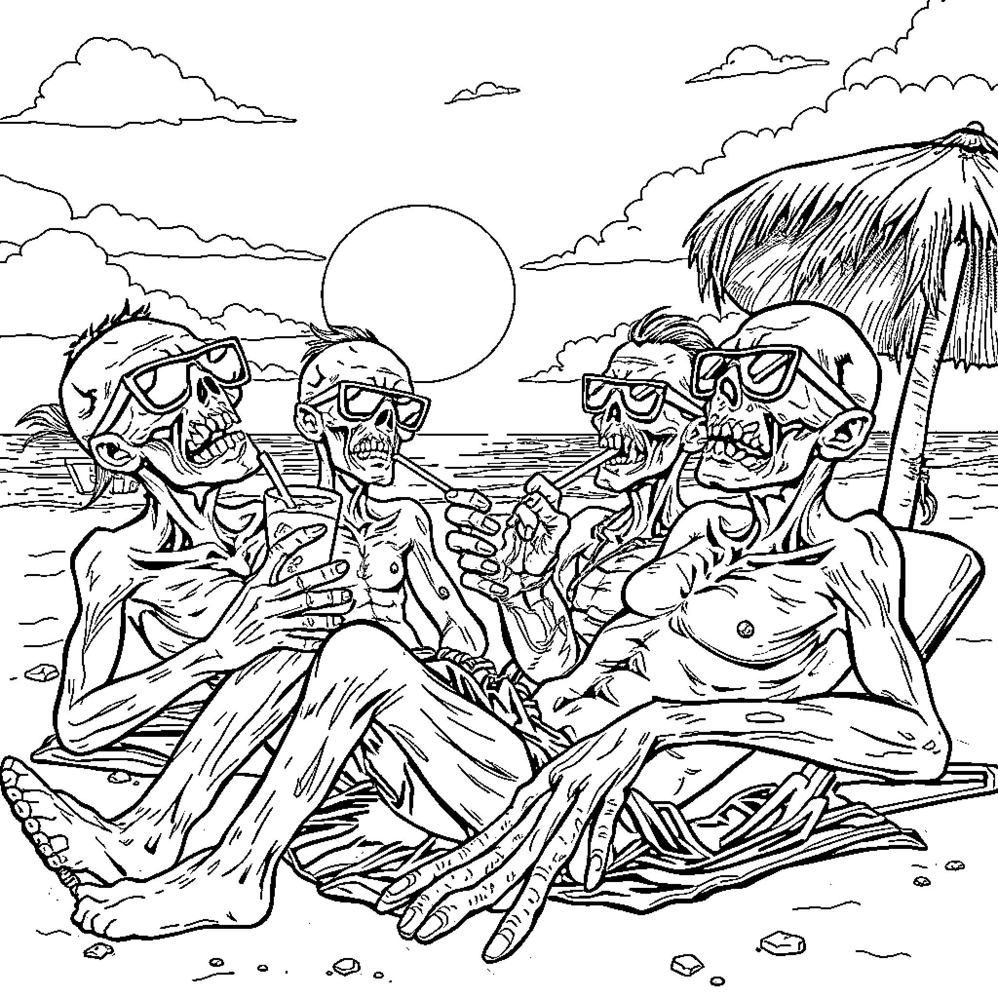 Zombie beachgoers enjoying the sunset Coloring Page (free black-and-white line drawing printable PDF for all, from beginners to advanced learners, including children, teens, adults, and seniors)