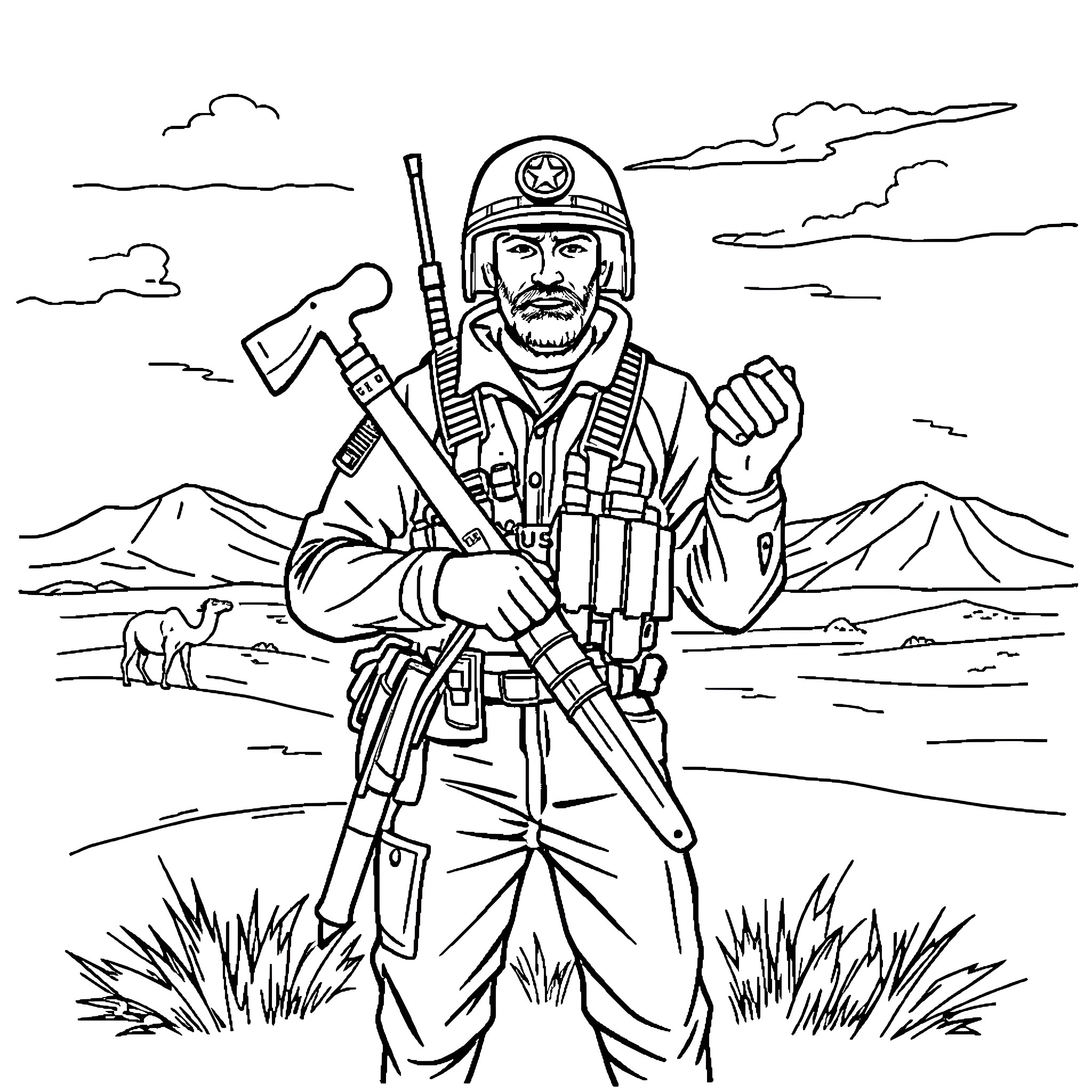 Seabee soldier in desert landscape Coloring Page (free black-and-white line drawing printable PDF for all, from beginners to advanced learners, including children, teens, adults, and seniors)
