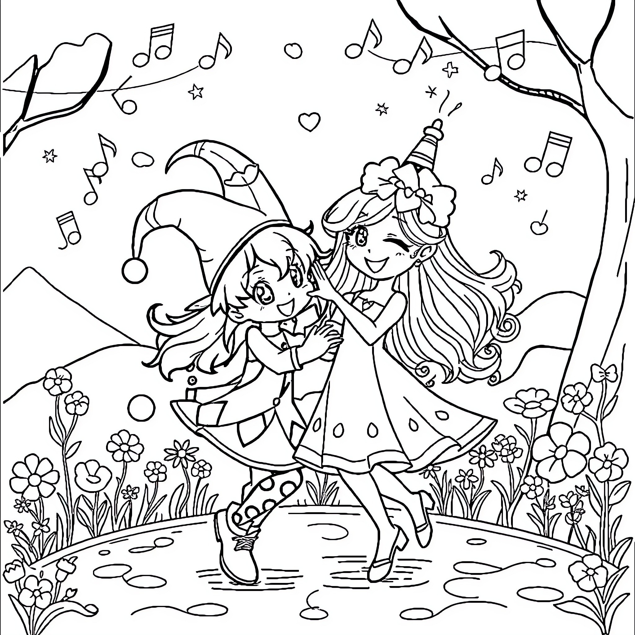 Kuromi dancing joyfully with friends in a whimsical setting Coloring Page (free black-and-white line drawing printable PDF for all, from beginners to advanced learners, including children, teens, adults, and seniors)