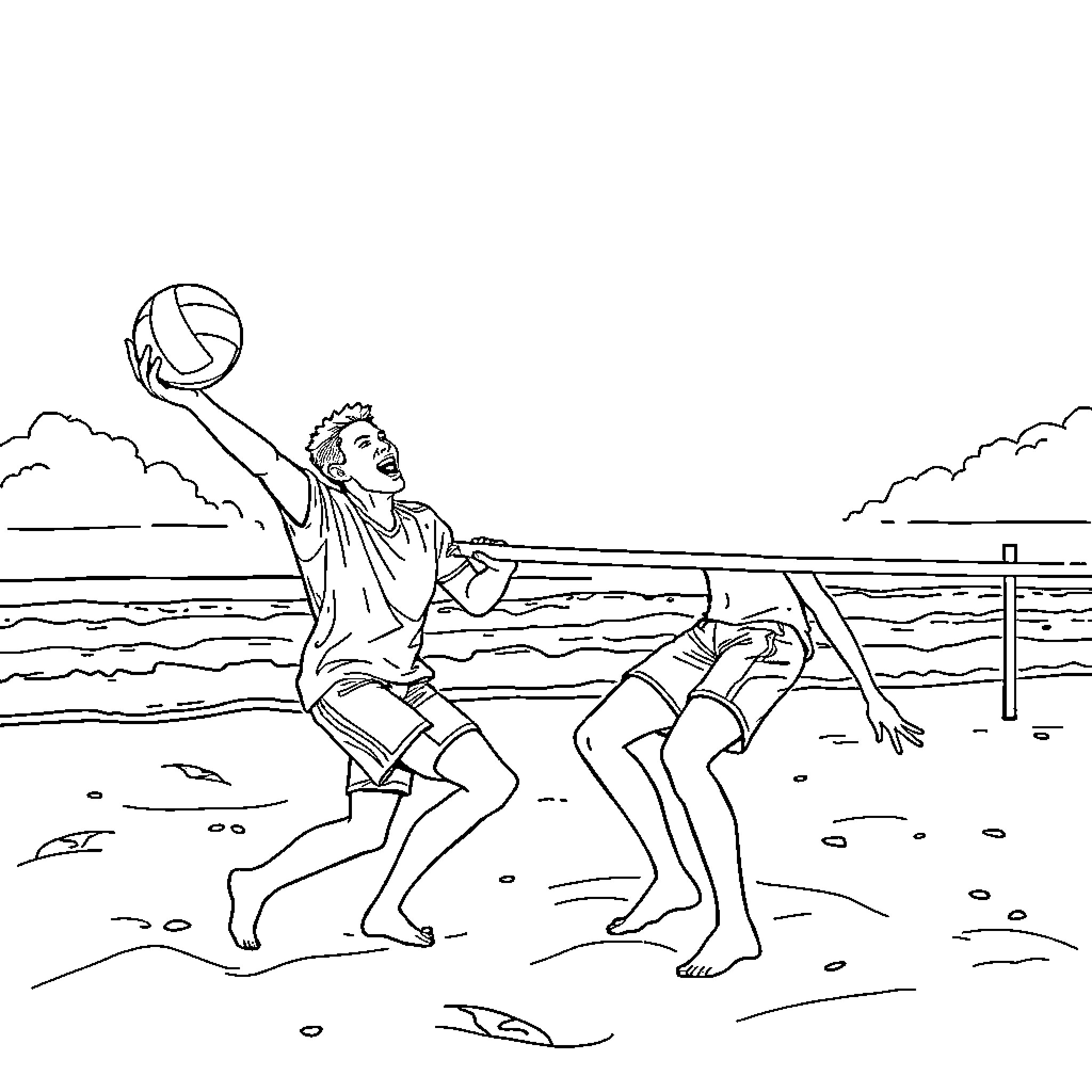 Ishowpeed Two players in a beach volleyball game Coloring Page (free black-and-white line drawing printable PDF for all, from beginners to advanced learners, including children, teens, adults, and seniors)