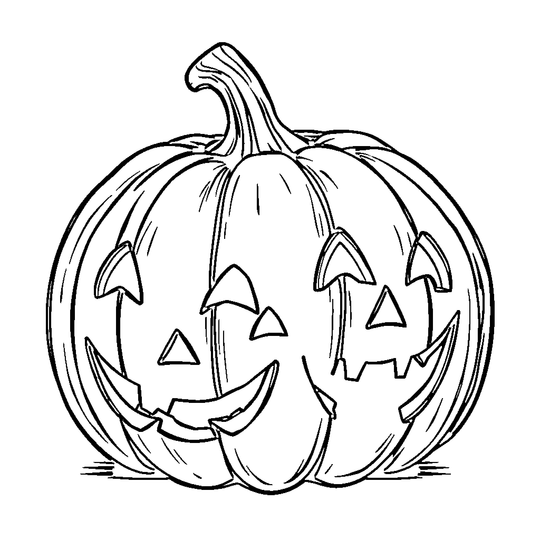 Pumpkin with Carved Faces Coloring Page (free black-and-white line drawing printable PDF for all, from beginners to advanced learners, including children, teens, adults, and seniors)
