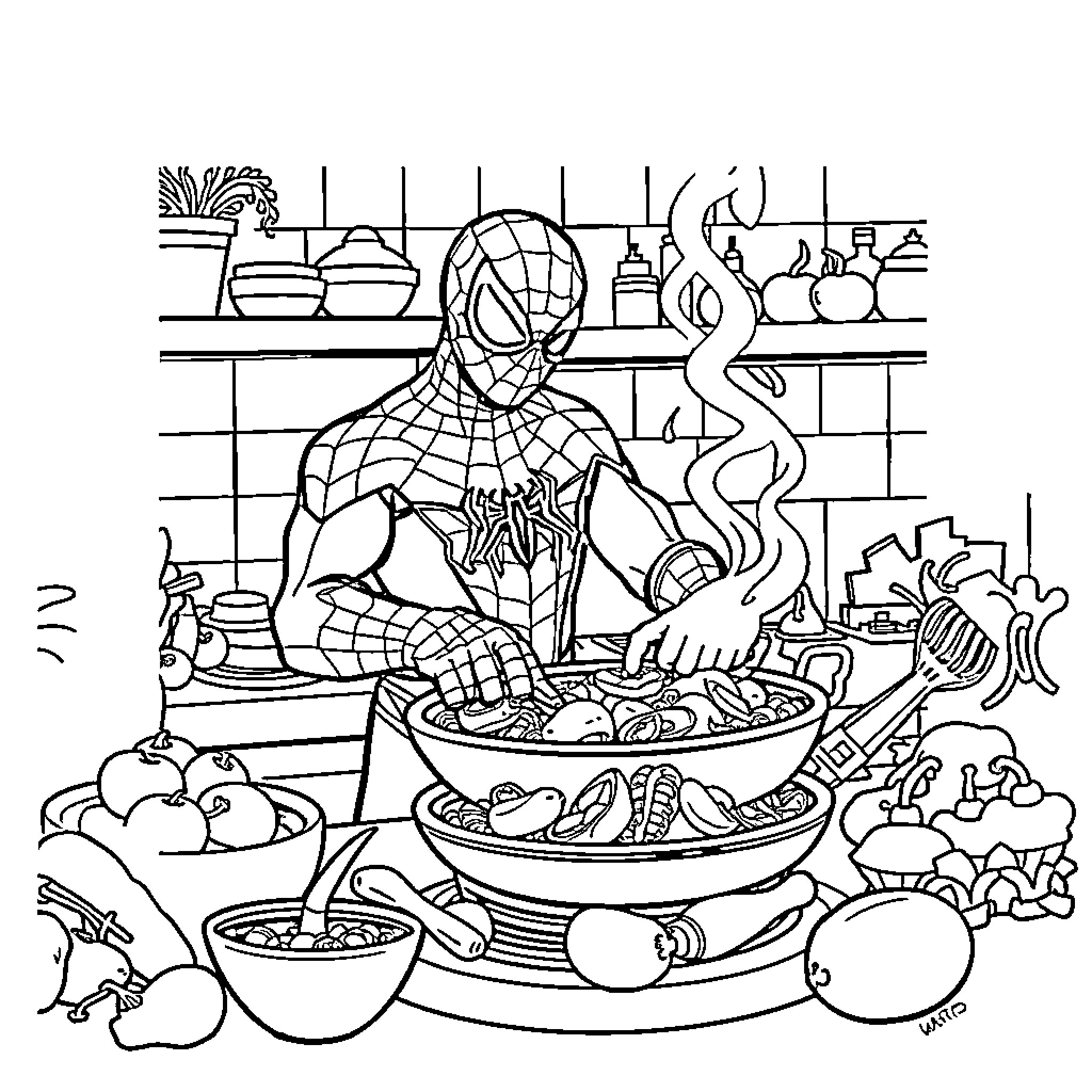 Spiderman preparing a delicious meal in the kitchen Coloring Page (free black-and-white line drawing printable PDF for all, from beginners to advanced learners, including children, teens, adults, and seniors)