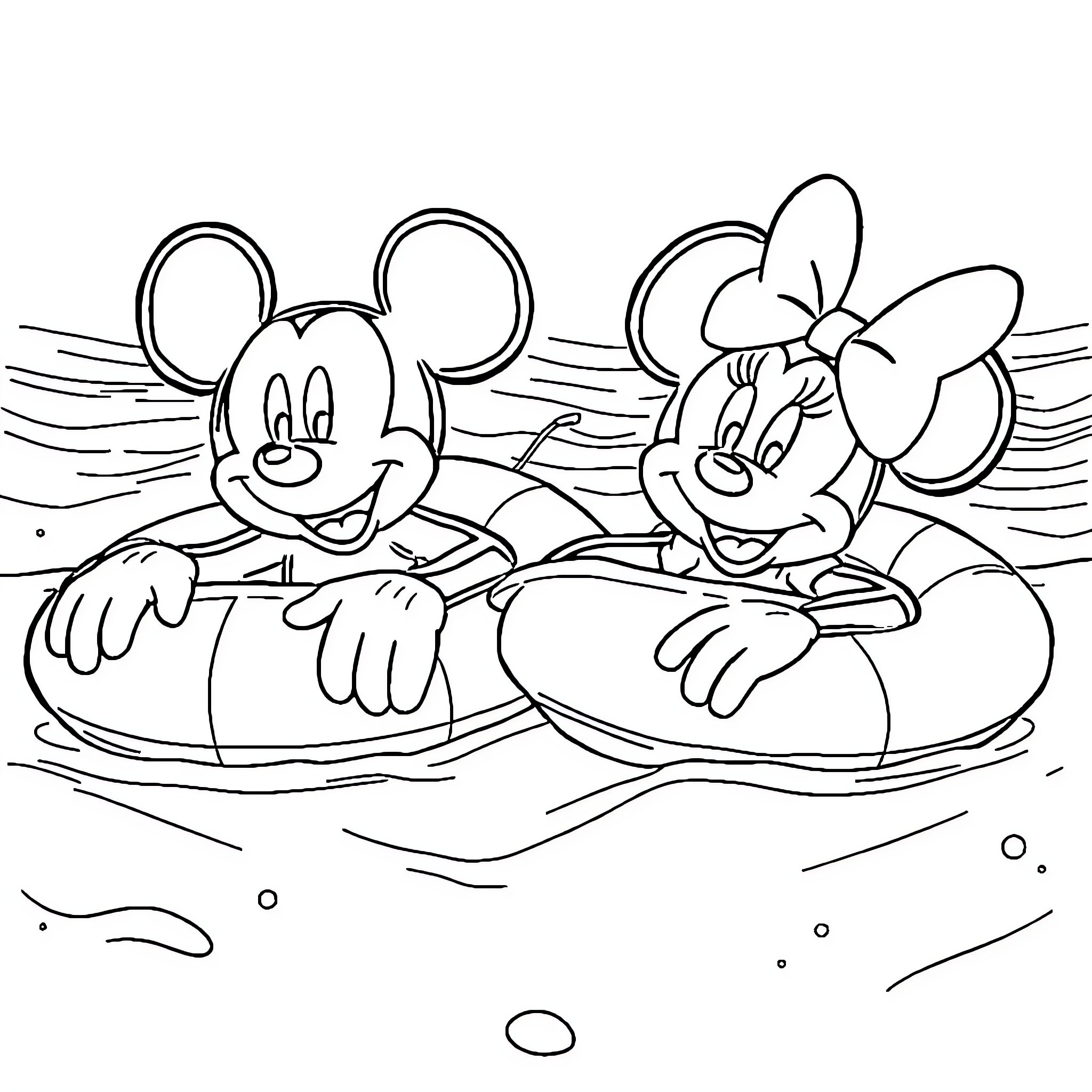 Mickey Mouse and Minnie Mouse relaxing in the water Coloring Page (free black-and-white line drawing printable PDF for all, from beginners to advanced learners, including children, teens, adults, and seniors)