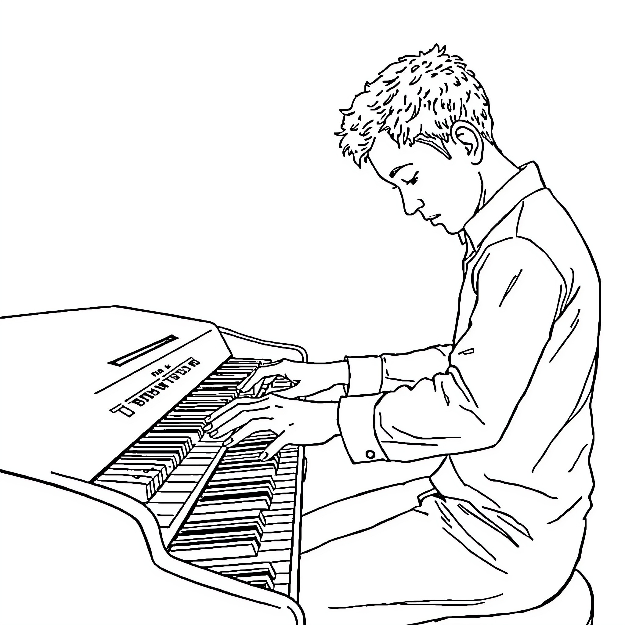 Piano Player Performing with Focus Coloring Page (free black-and-white line drawing printable PDF for all, from beginners to advanced learners, including children, teens, adults, and seniors)