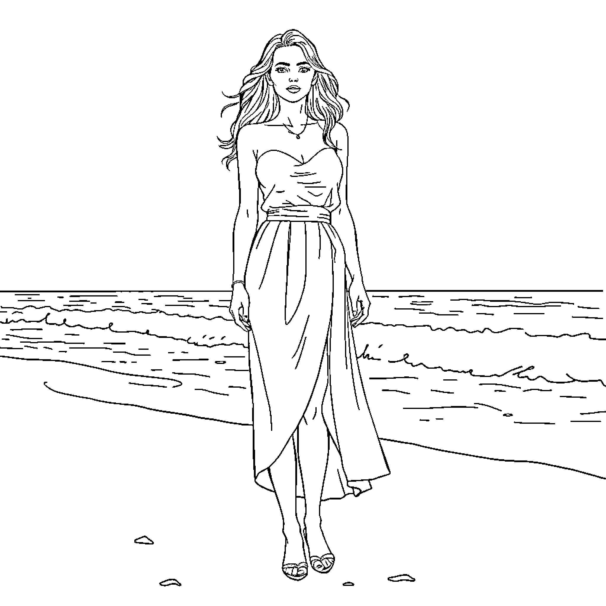 Woman standing on the beach in a flowing dress Coloring Page (free black-and-white line drawing printable PDF for all, from beginners to advanced learners, including children, teens, adults, and seniors)