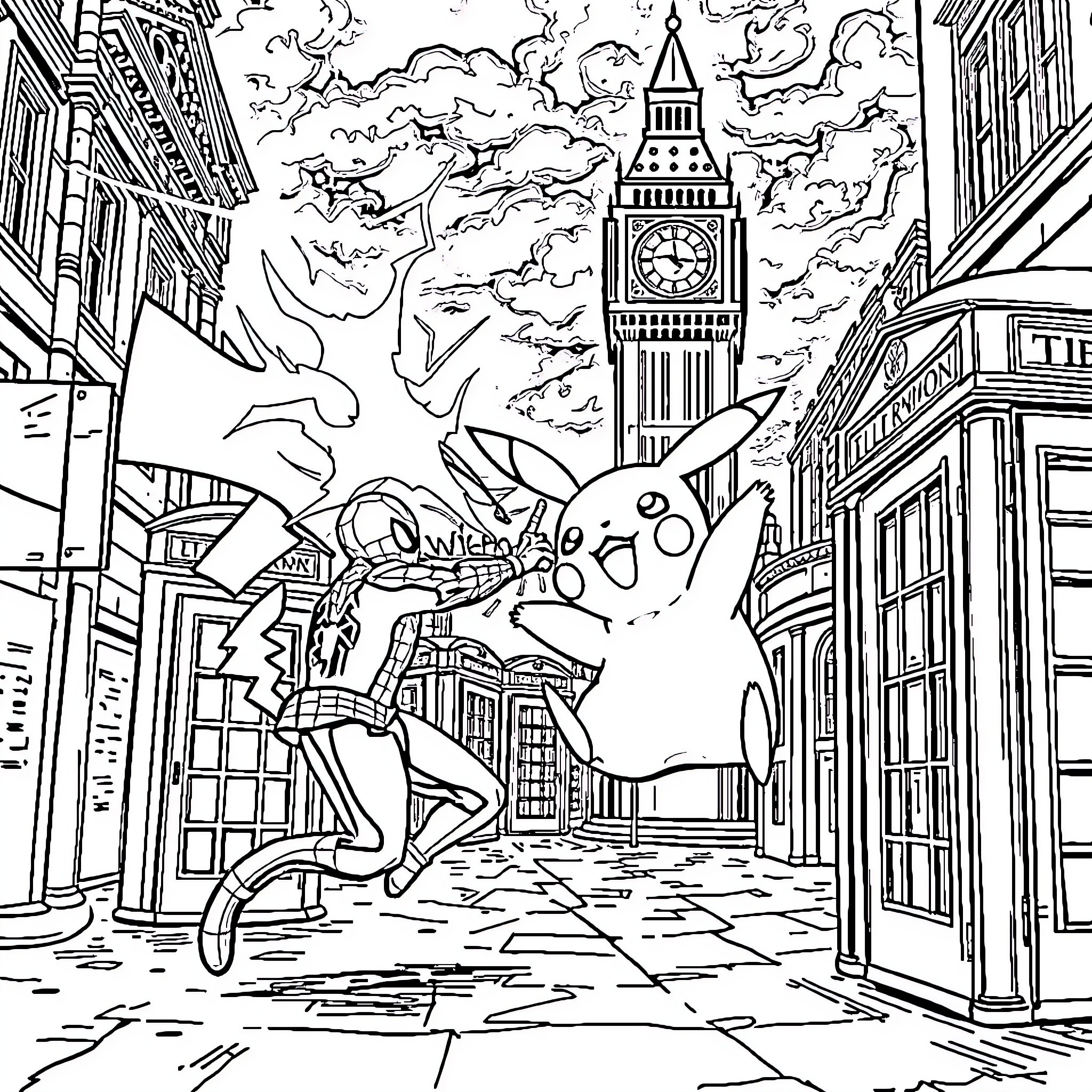 Pikachu exploring the city with Big Ben in the background Coloring Page (free black-and-white line drawing printable PDF for all, from beginners to advanced learners, including children, teens, adults, and seniors)