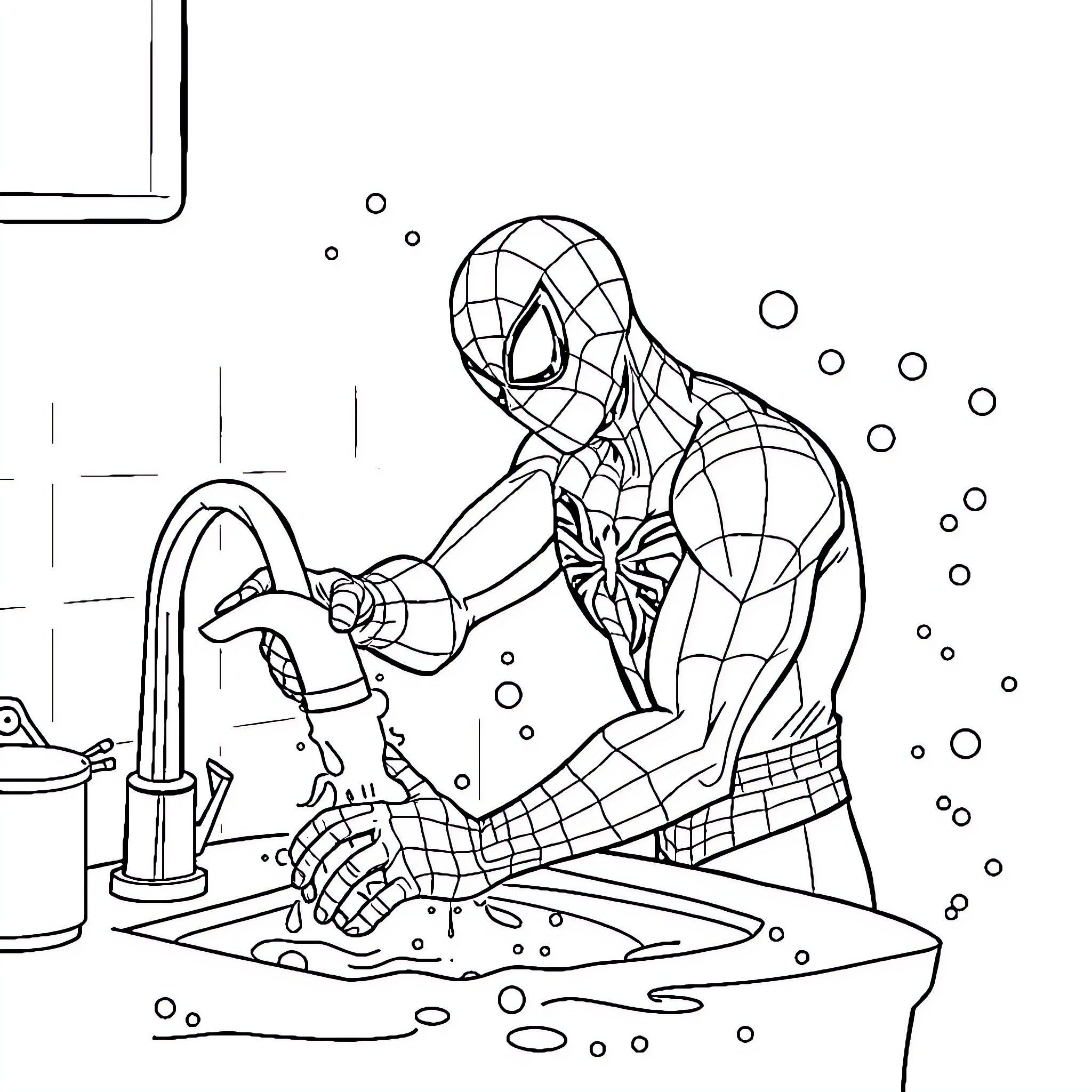 Spiderman washing dishes with determination Coloring Page (free black-and-white line drawing printable PDF for all, from beginners to advanced learners, including children, teens, adults, and seniors)