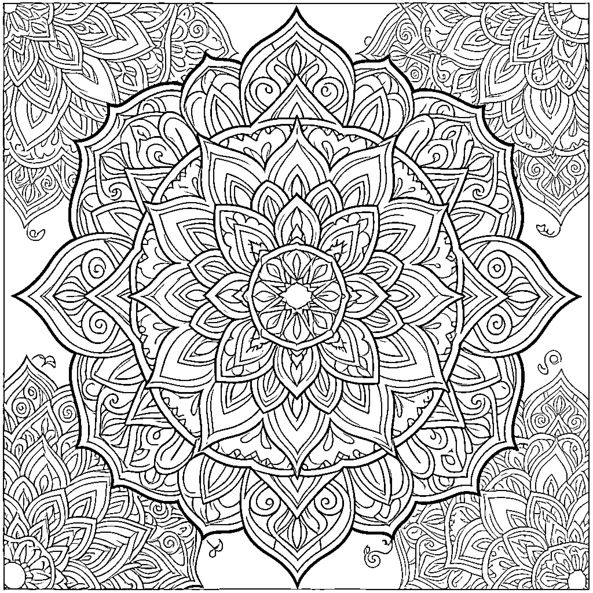 Mandalas of intricate geometric patterns and designs Coloring Page (free black-and-white line drawing printable PDF for all, from beginners to advanced learners, including children, teens, adults, and seniors)