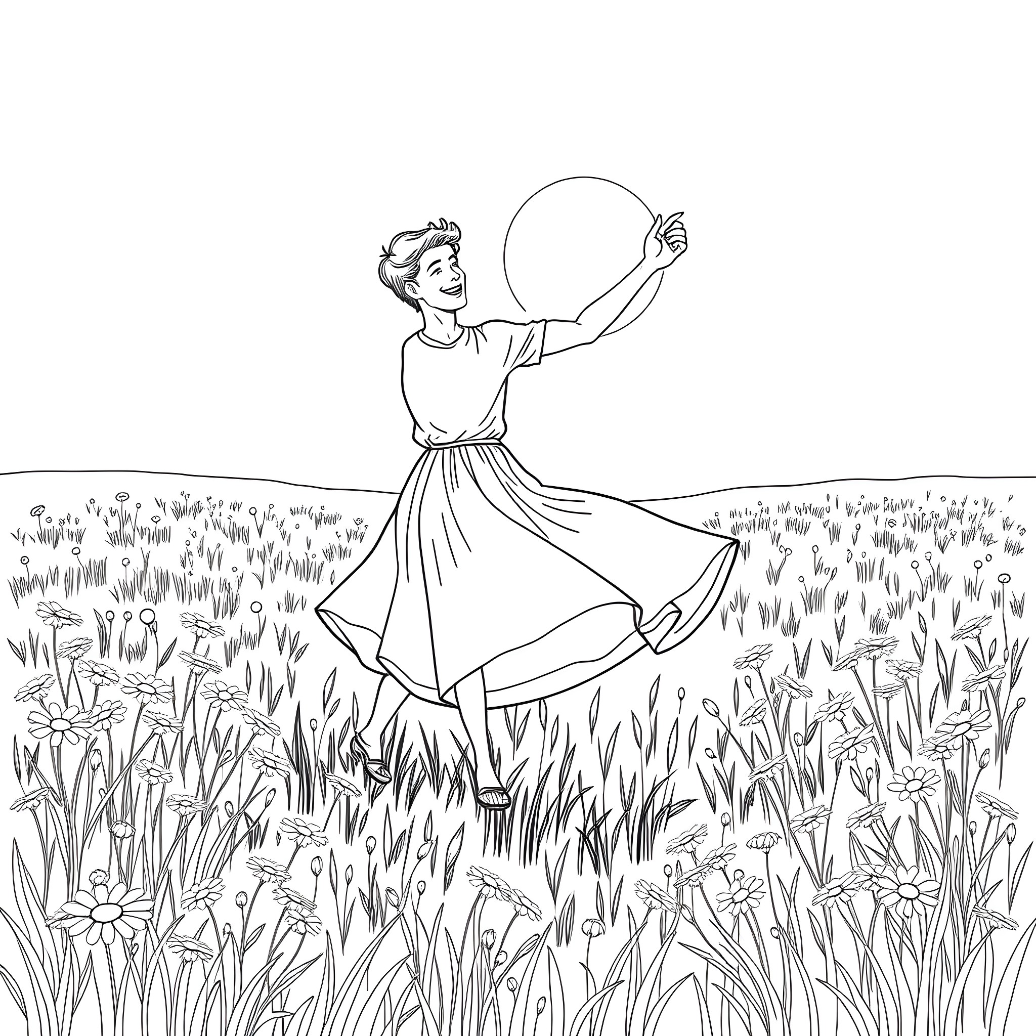 Man dancing happily in a field of flowers Coloring Page (free black-and-white line drawing printable PDF for all, from beginners to advanced learners, including children, teens, adults, and seniors)