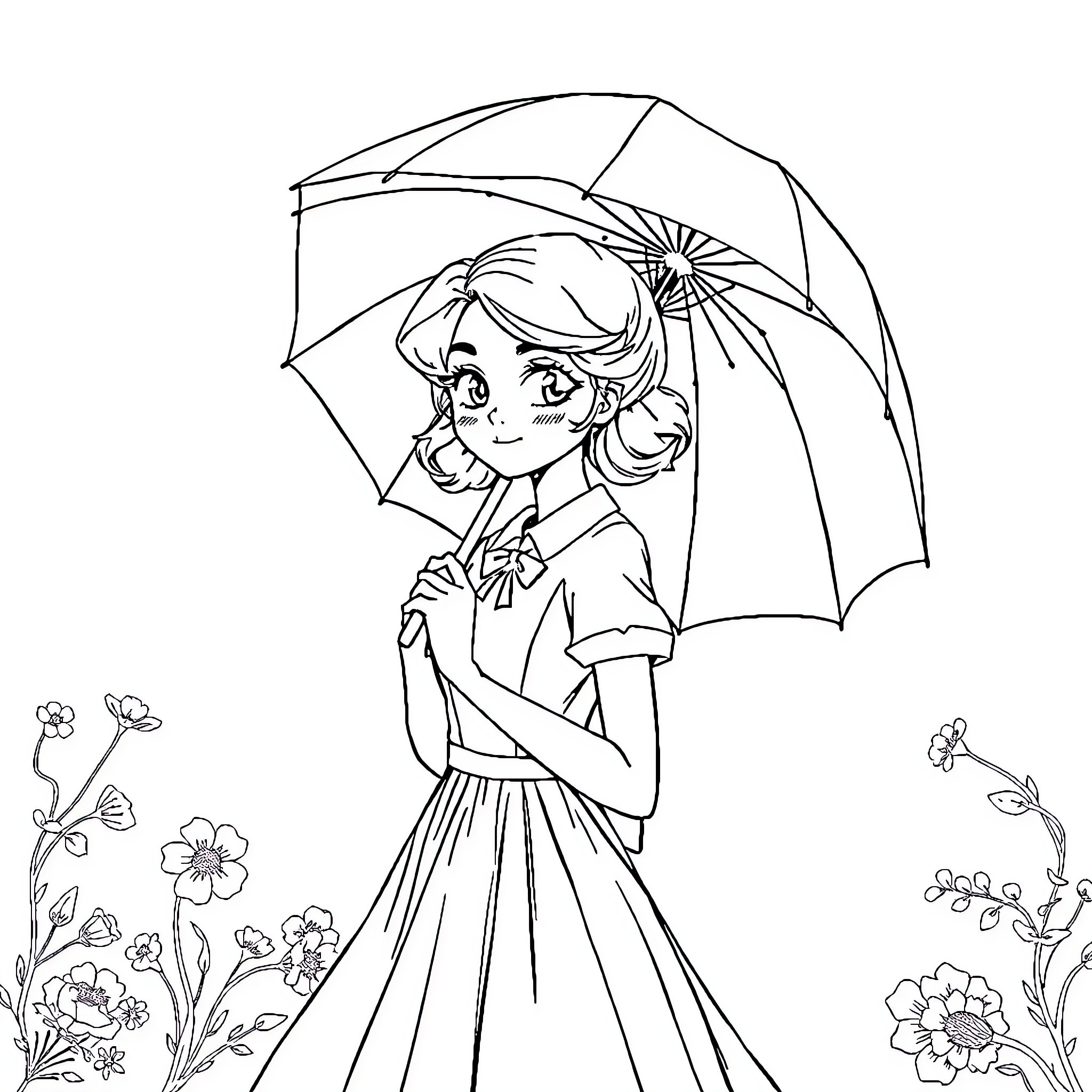 Manga Girl Holding an Umbrella in a Flowery Meadow Coloring Page (free black-and-white line drawing printable PDF for all, from beginners to advanced learners, including children, teens, adults, and seniors)