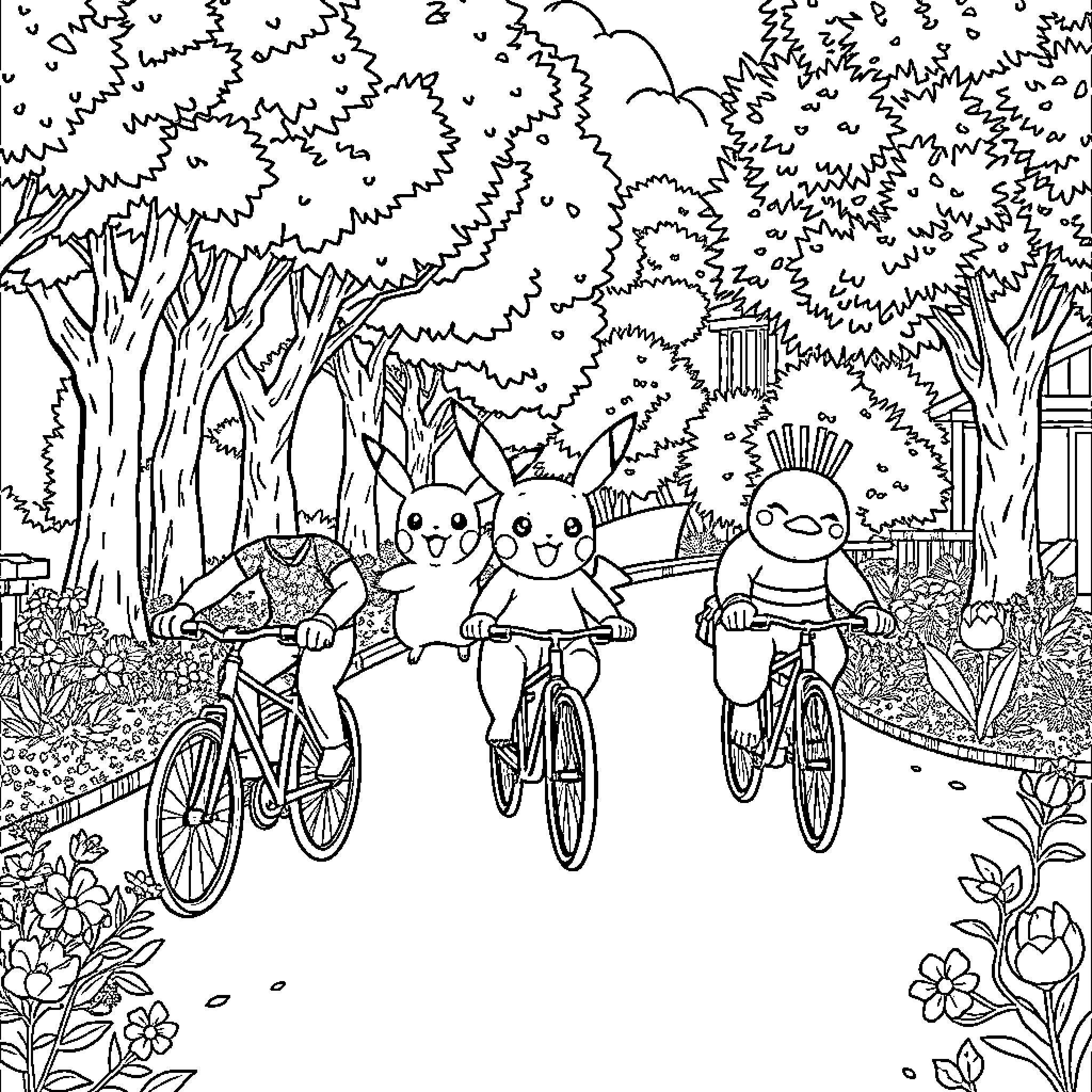Pikachu and friends going on a bicycle ride Coloring Page (free black-and-white line drawing printable PDF for all, from beginners to advanced learners, including children, teens, adults, and seniors)
