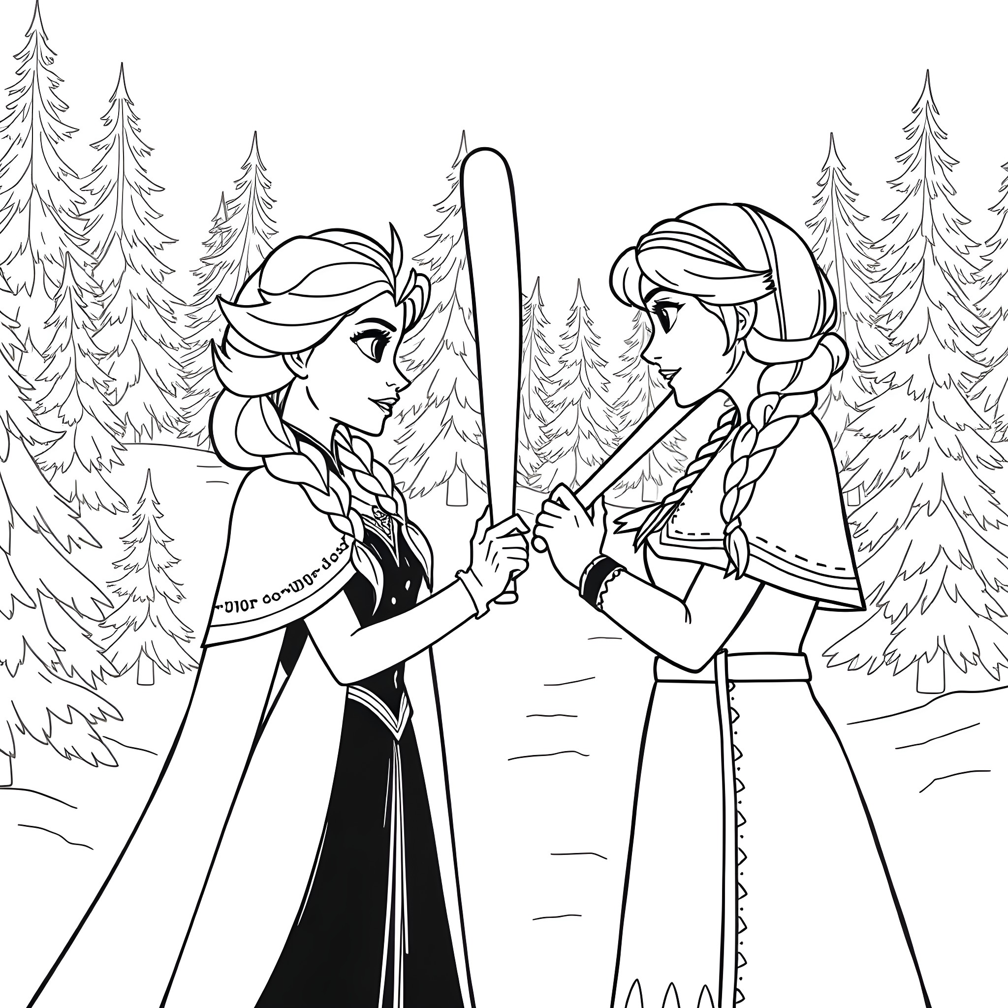 Elsa and Anna Embracing in the Snowy Forest Coloring Page (free black-and-white line drawing printable PDF for all, from beginners to advanced learners, including children, teens, adults, and seniors)