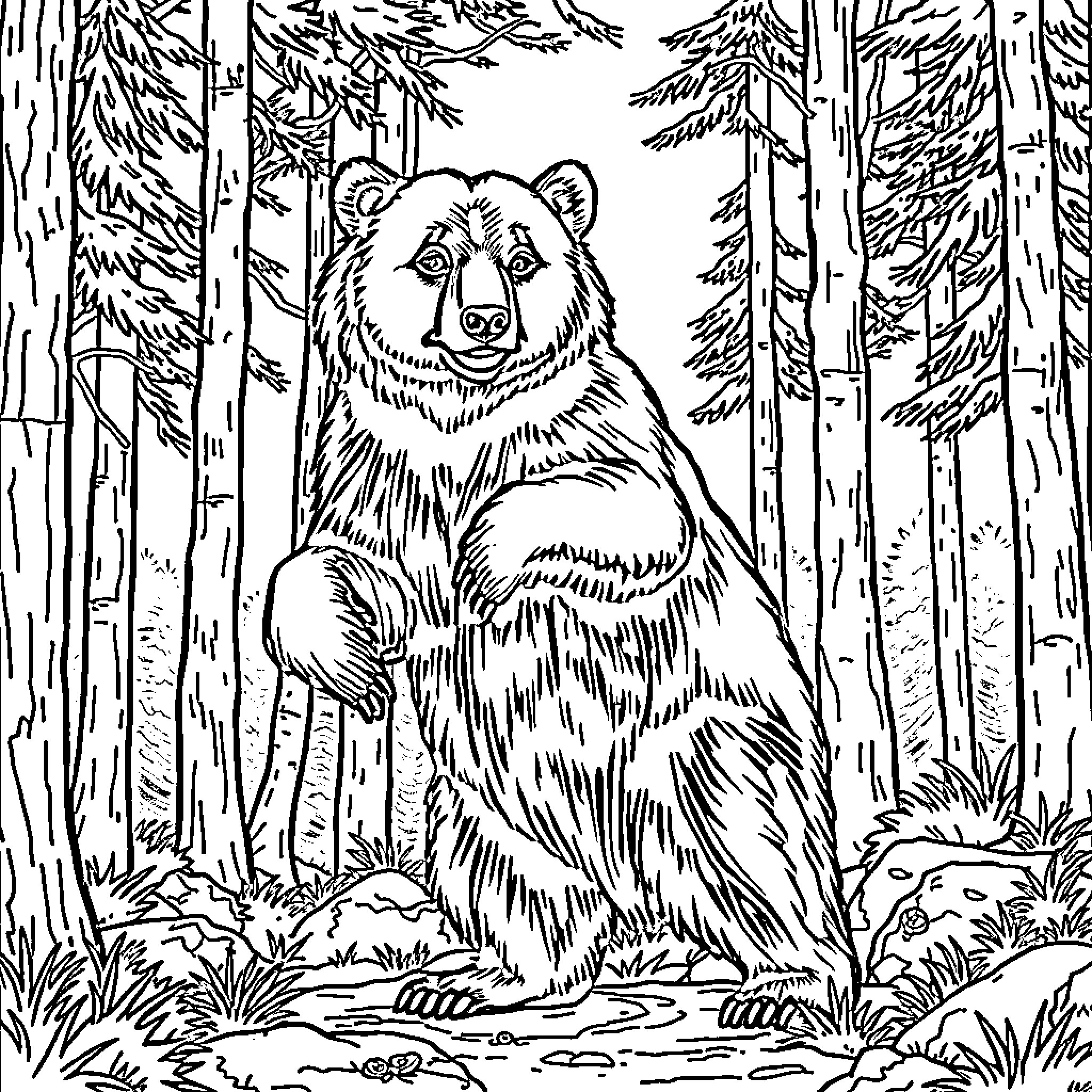 Bear sitting calmly in the forest Coloring Page (free black-and-white line drawing printable PDF for all, from beginners to advanced learners, including children, teens, adults, and seniors)