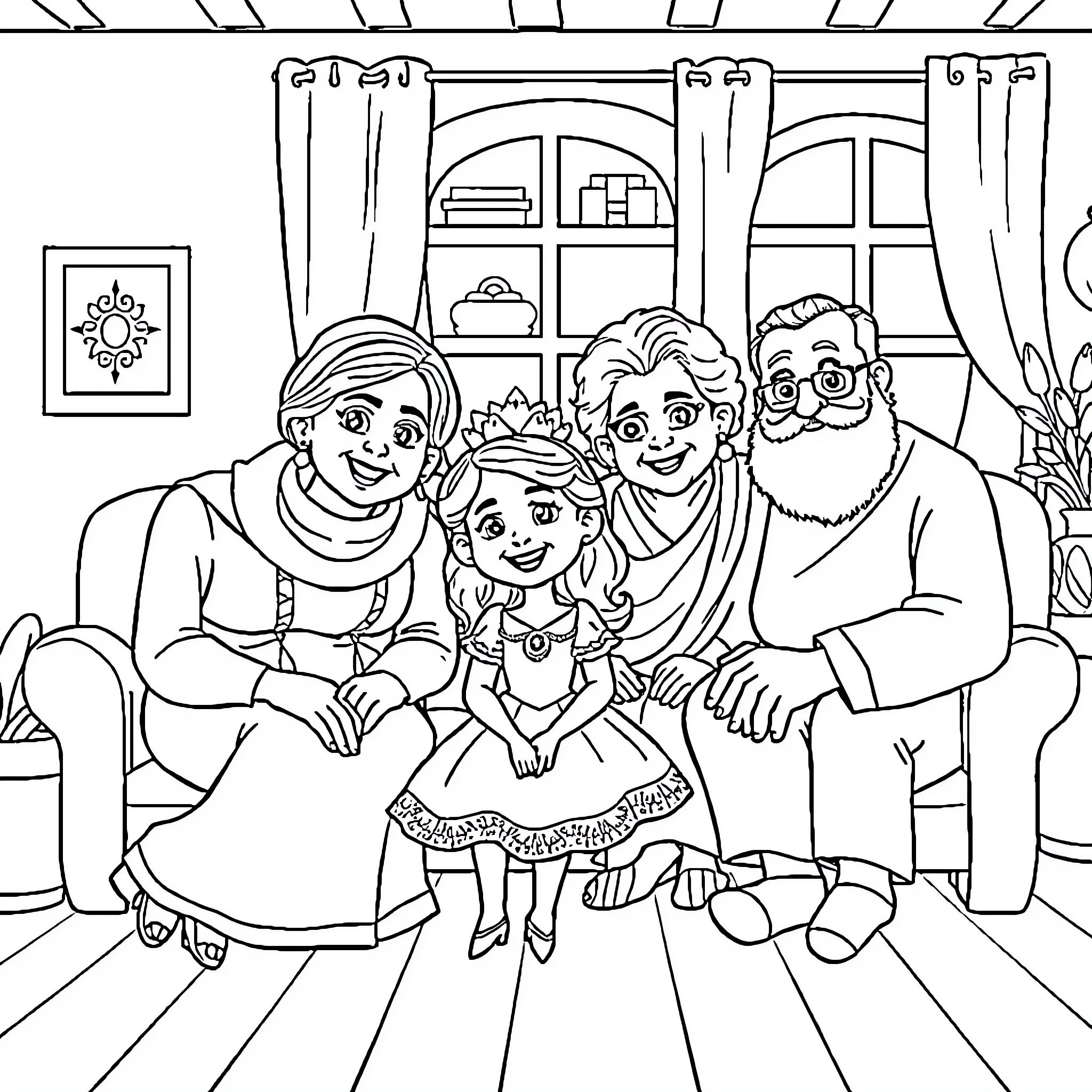 Princess and her Loving Family in Cozy Home Coloring Page (free black-and-white line drawing printable PDF for all, from beginners to advanced learners, including children, teens, adults, and seniors)