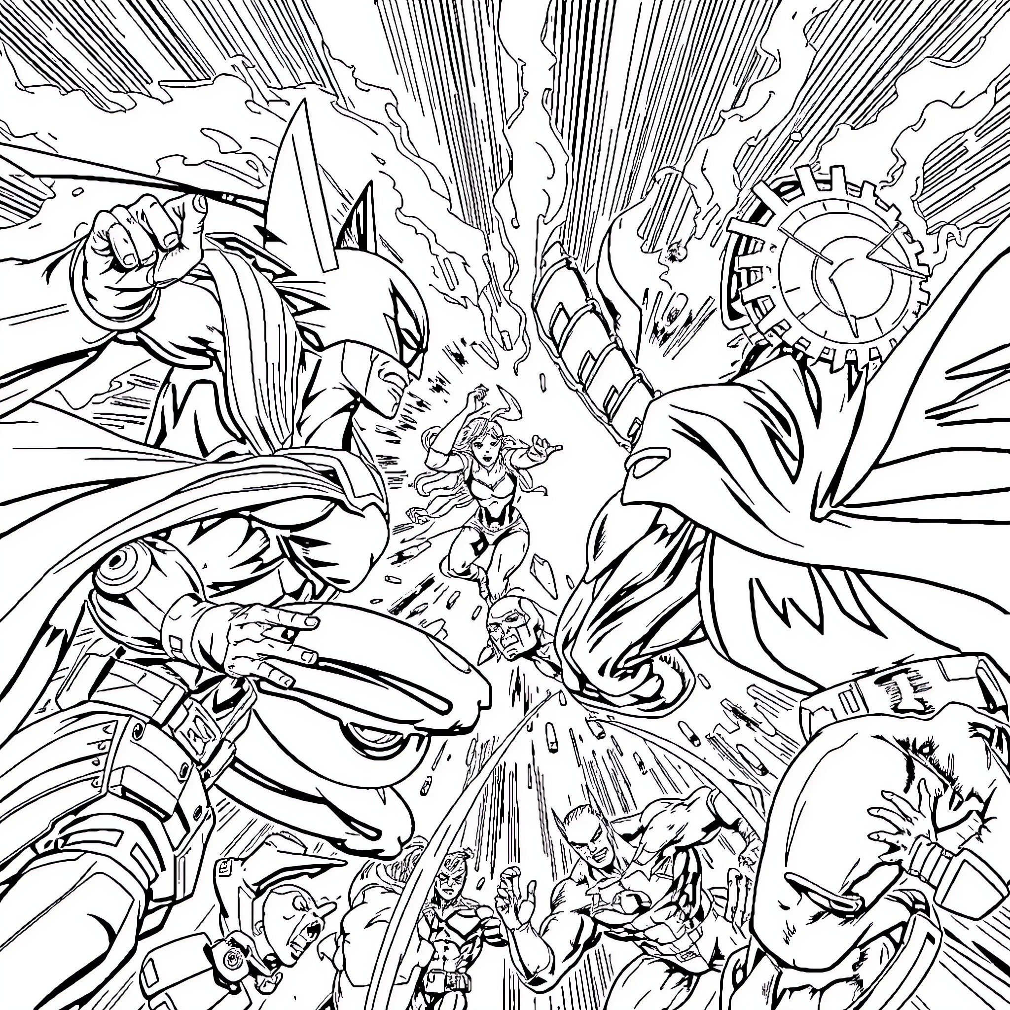 Superhero battle against monstrous forces Coloring Page (free black-and-white line drawing printable PDF for all, from beginners to advanced learners, including children, teens, adults, and seniors)