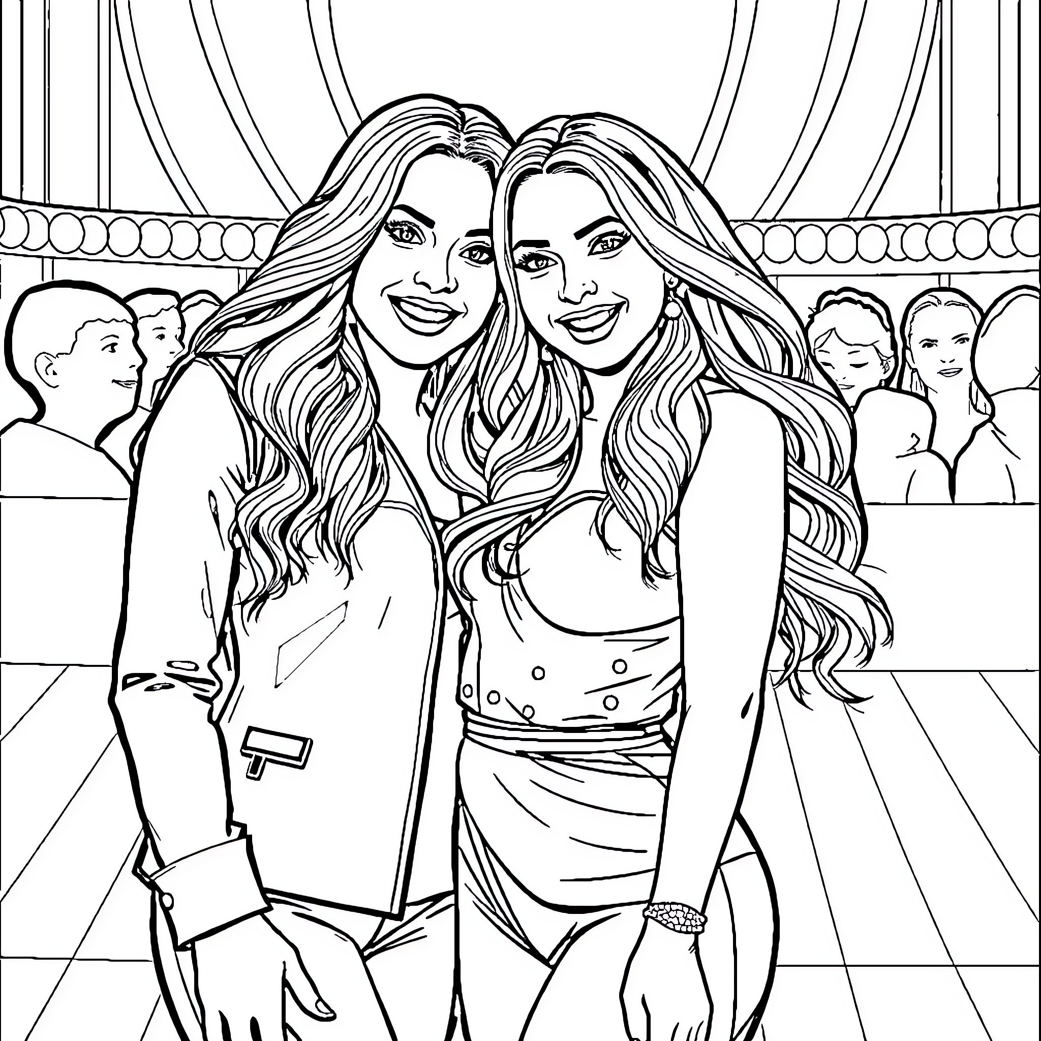 Mariah Carey and friends on stage in glam outfits Coloring Page (free black-and-white line drawing printable PDF for all, from beginners to advanced learners, including children, teens, adults, and seniors)