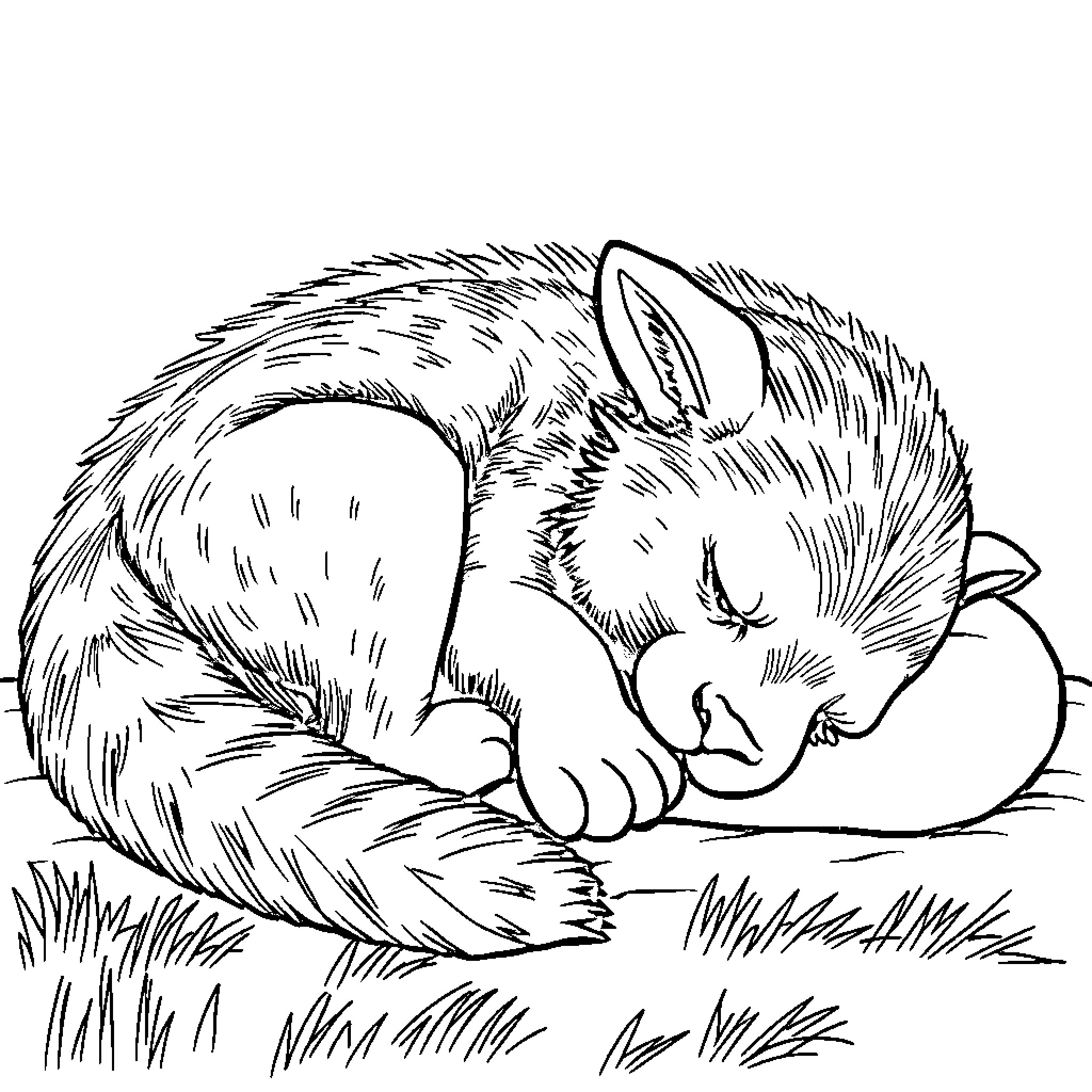 Bobo Siebenschläfer sleeping peacefully in the grass Coloring Page (free black-and-white line drawing printable PDF for all, from beginners to advanced learners, including children, teens, adults, and seniors)