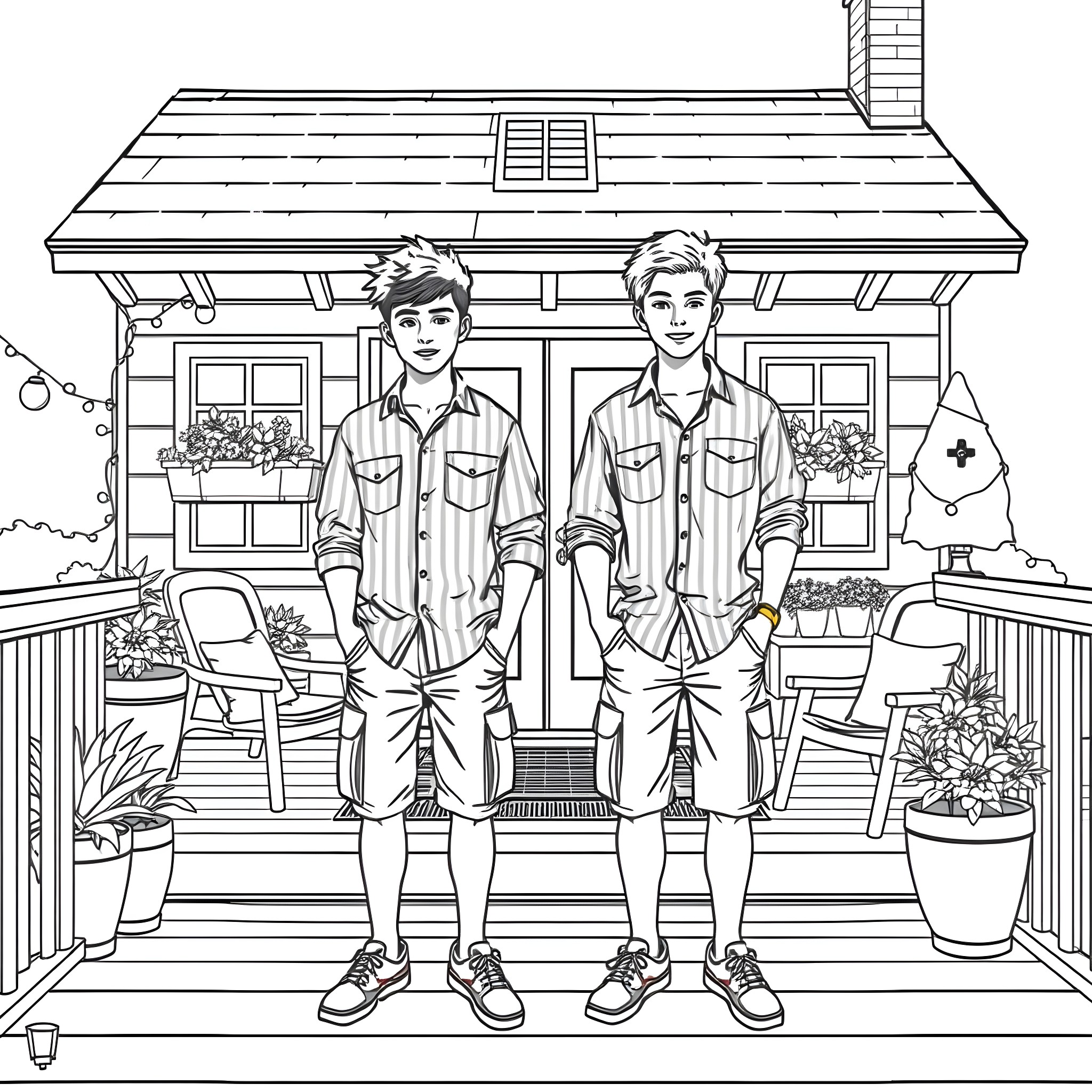 Teen Guys Posing in Front of Cottage Coloring Page (free black-and-white line drawing printable PDF for all, from beginners to advanced learners, including children, teens, adults, and seniors)