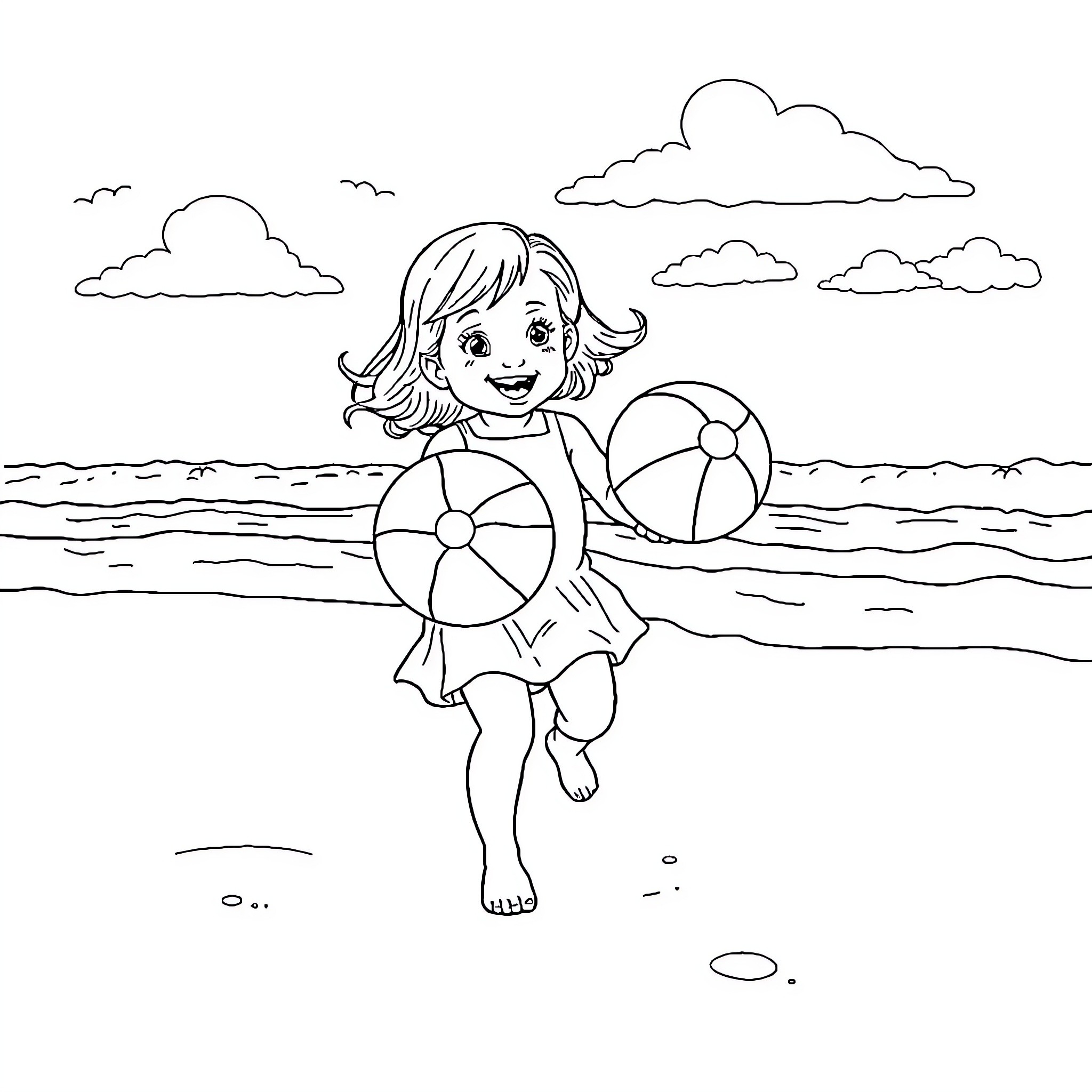 Girl playing happily with beach balls on the shore Coloring Page (free black-and-white line drawing printable PDF for all, from beginners to advanced learners, including children, teens, adults, and seniors)