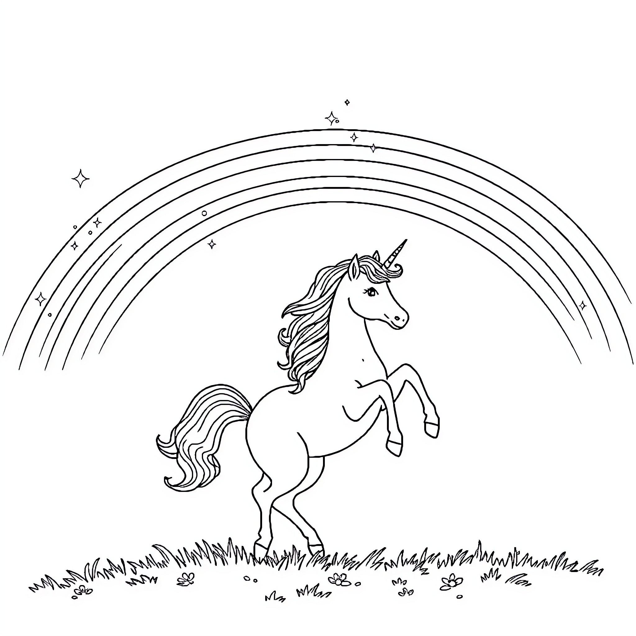 Unicorn prancing under a rainbow in a grassy field Coloring Page (free black-and-white line drawing printable PDF for all, from beginners to advanced learners, including children, teens, adults, and seniors)