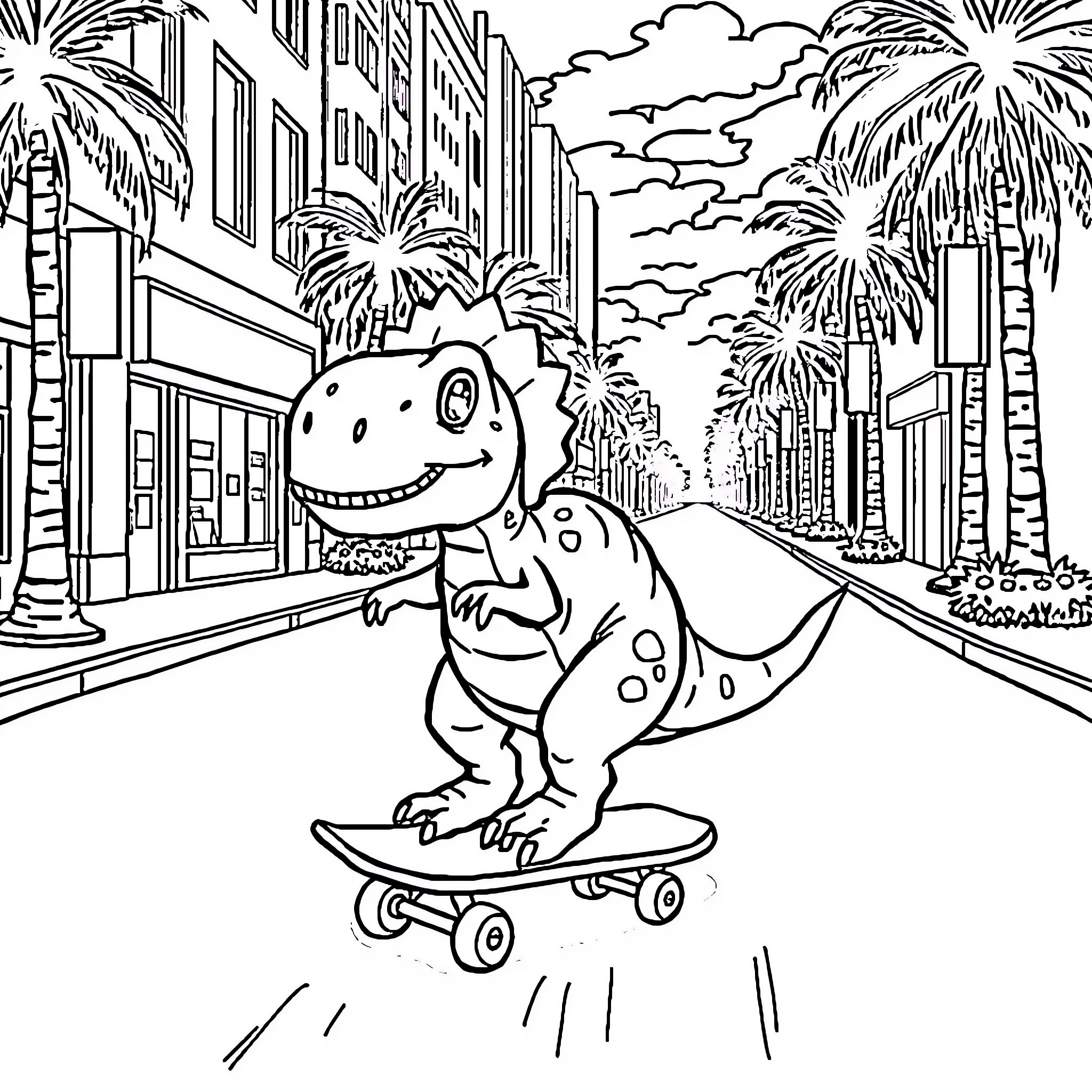 Dinosaur riding skateboard on city street Coloring Page (free black-and-white line drawing printable PDF for all, from beginners to advanced learners, including children, teens, adults, and seniors)