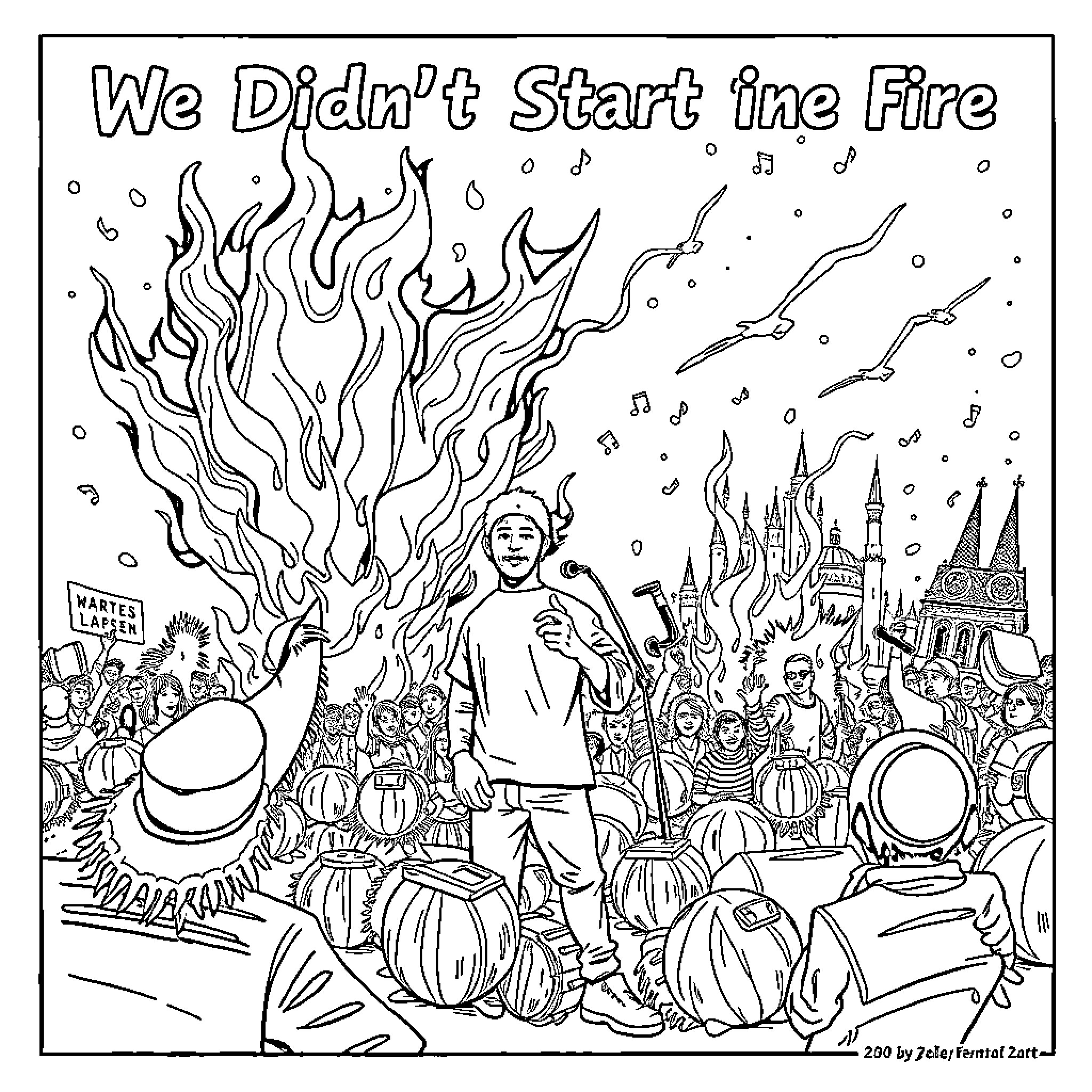 Billy Joel performing amidst chaotic fire and crowd Coloring Page (free black-and-white line drawing printable PDF for all, from beginners to advanced learners, including children, teens, adults, and seniors)