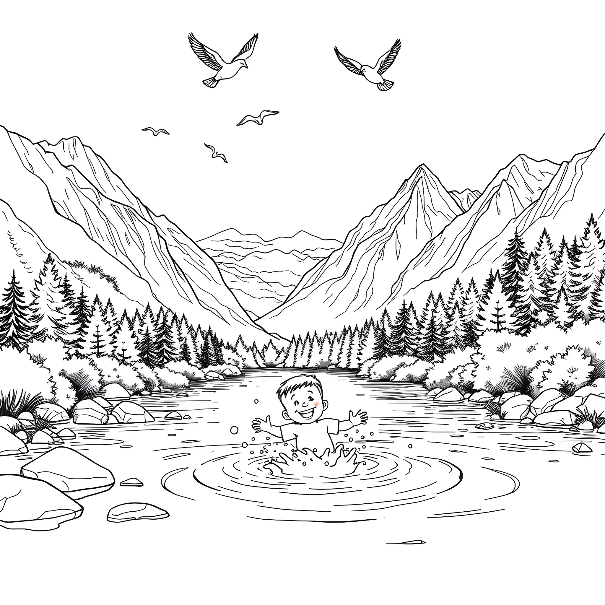 Boy playing happily in the peaceful mountain lake Coloring Page (free black-and-white line drawing printable PDF for all, from beginners to advanced learners, including children, teens, adults, and seniors)