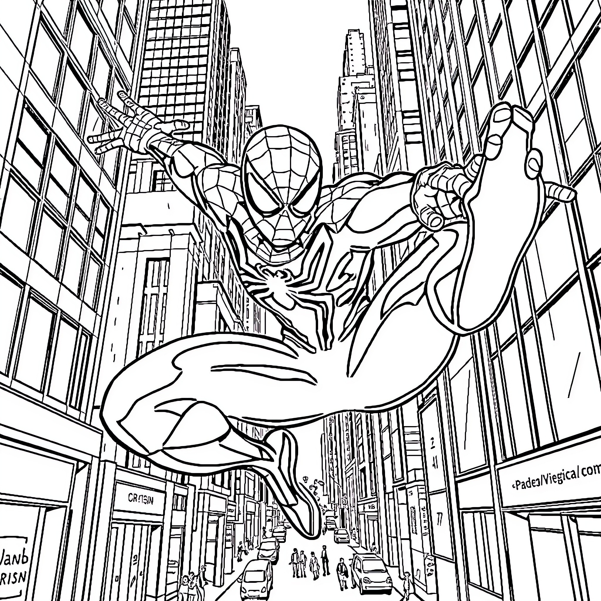 Spider-Man swinging through the city Coloring Page (free black-and-white line drawing printable PDF for all, from beginners to advanced learners, including children, teens, adults, and seniors)