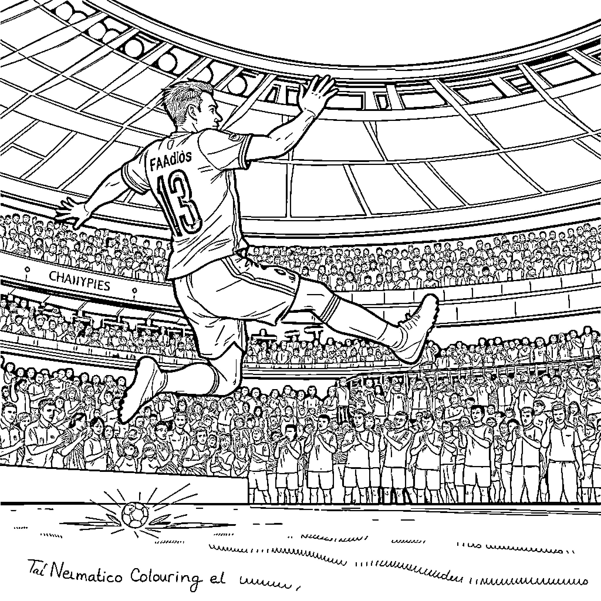 Jugador con jersey realizando acrobacia en estadio Coloring Page (free black-and-white line drawing printable PDF for all, from beginners to advanced learners, including children, teens, adults, and seniors)